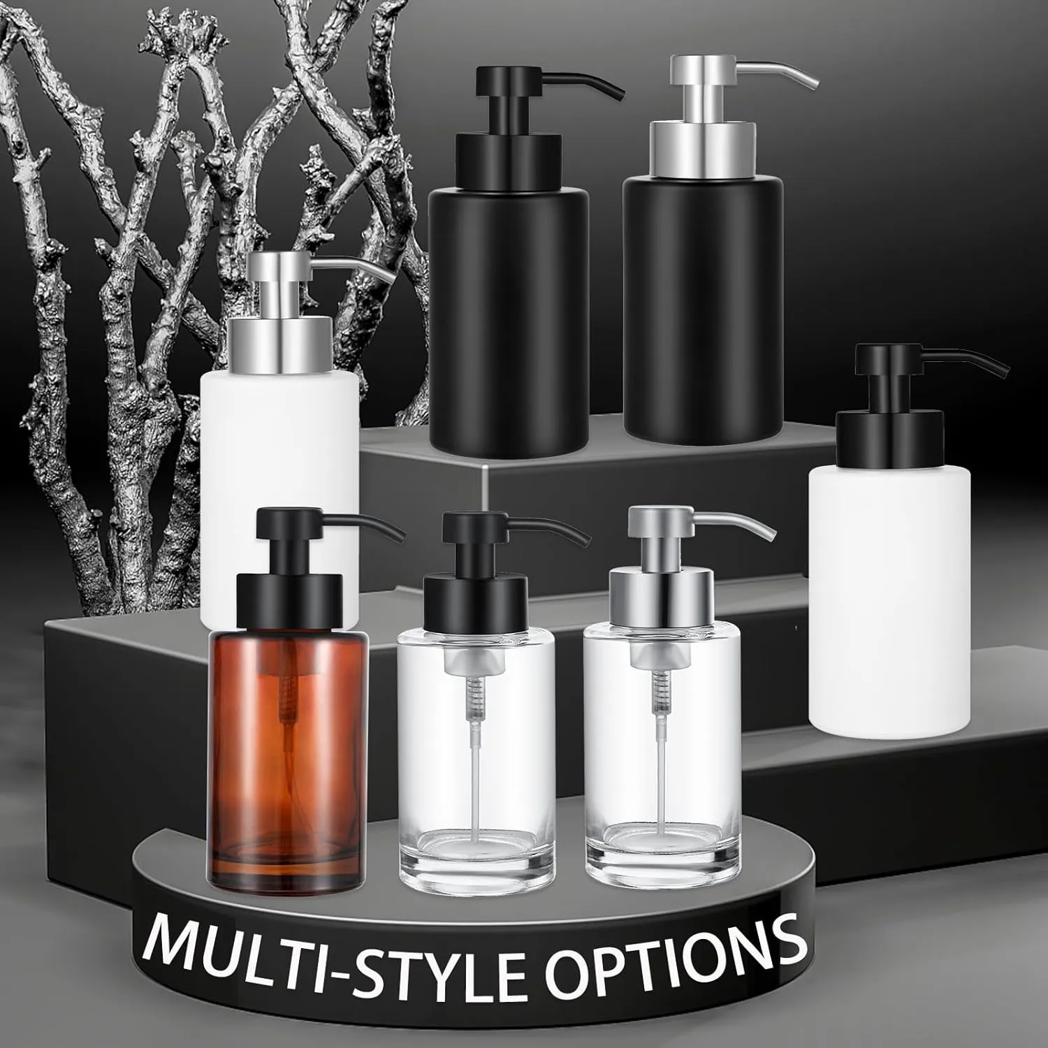 Foaming Soap Dispenser Set, 12 Oz Glass Hand Soap Dispenser with 304 Rust Proof Stainless Steel Pump, Waterproof Labels, for Bathroom Decor Kitchen College Dorm, Black 2 Pack