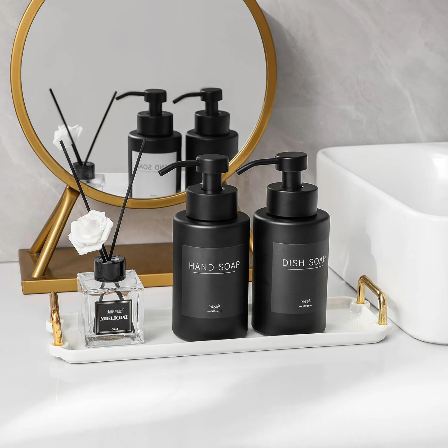 Foaming Soap Dispenser Set, 12 Oz Glass Hand Soap Dispenser with 304 Rust Proof Stainless Steel Pump, Waterproof Labels, for Bathroom Decor Kitchen College Dorm, Black 2 Pack