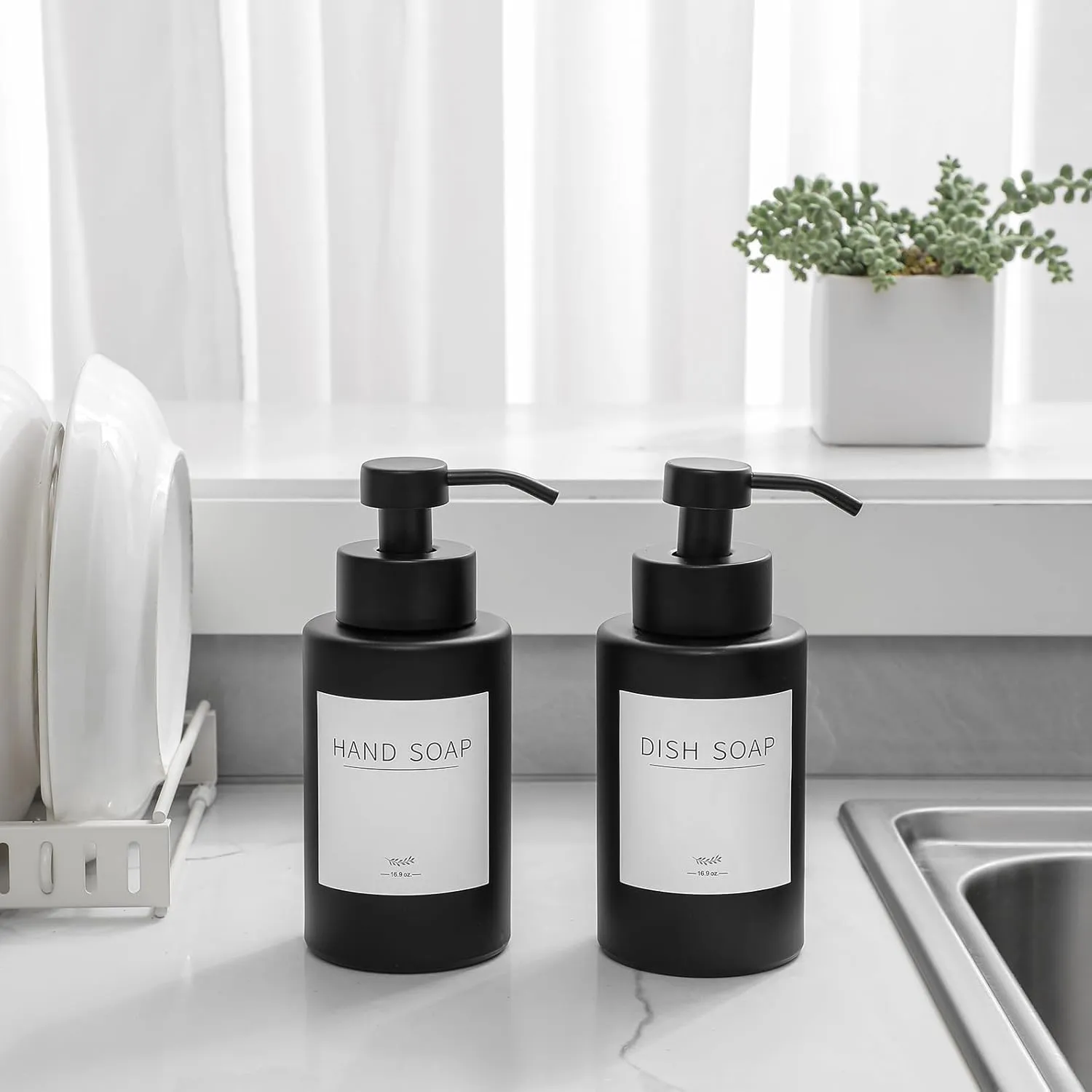 Foaming Soap Dispenser Set, 12 Oz Glass Hand Soap Dispenser with 304 Rust Proof Stainless Steel Pump, Waterproof Labels, for Bathroom Decor Kitchen College Dorm, Black 2 Pack