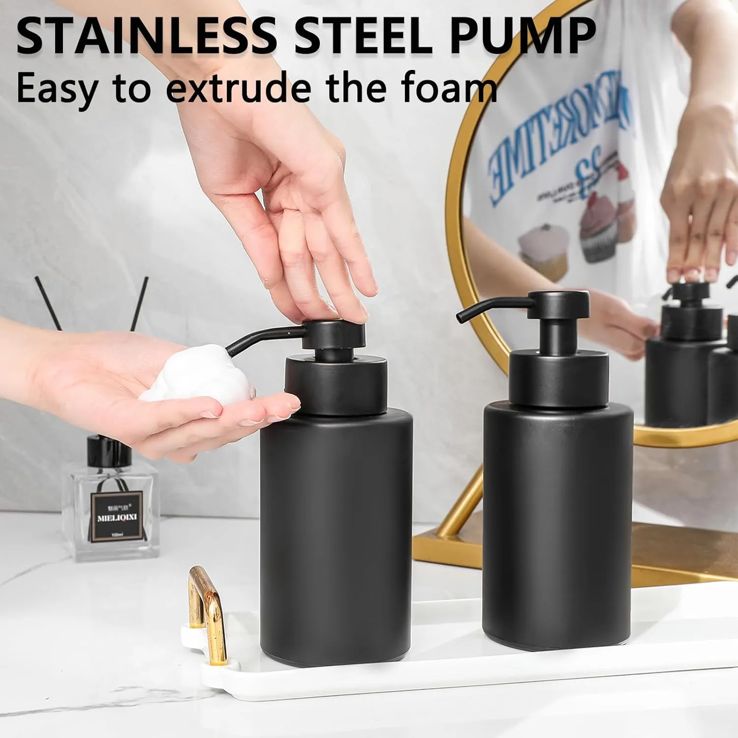 Foaming Soap Dispenser Set, 12 Oz Glass Hand Soap Dispenser with 304 Rust Proof Stainless Steel Pump, Waterproof Labels, for Bathroom Decor Kitchen College Dorm, Black 2 Pack