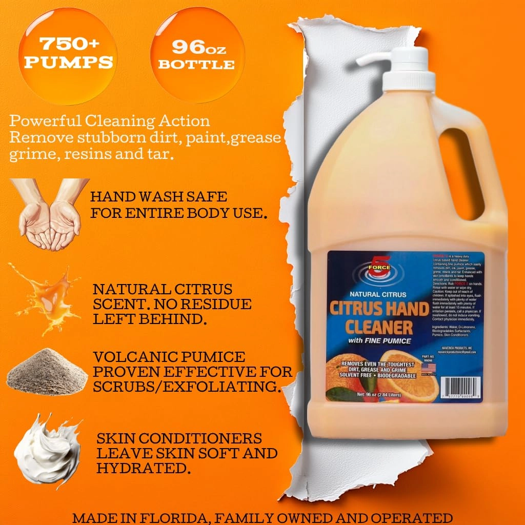 Force 5 - Citrus Hand Cleaner for Mechanics – Heavy-Duty Mechanic Soap with Natural Pumice & Citrus. Quickly Remove Removes Dirt, Grease and Grime – Moisturizing, Orange Scent. (96oz) (2 Pack)