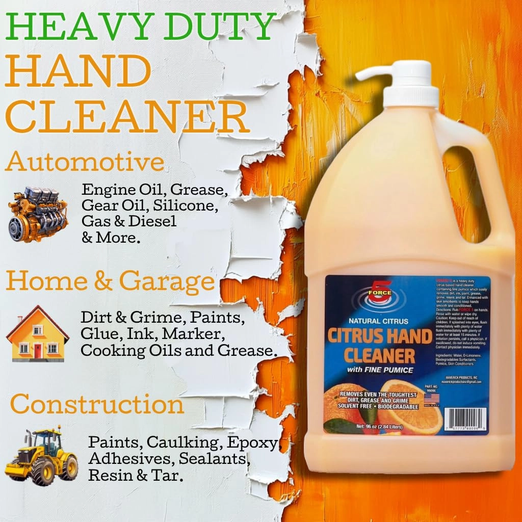Force 5 - Citrus Hand Cleaner for Mechanics – Heavy-Duty Mechanic Soap with Natural Pumice & Citrus. Quickly Remove Removes Dirt, Grease and Grime – Moisturizing, Orange Scent. (96oz) (2 Pack)