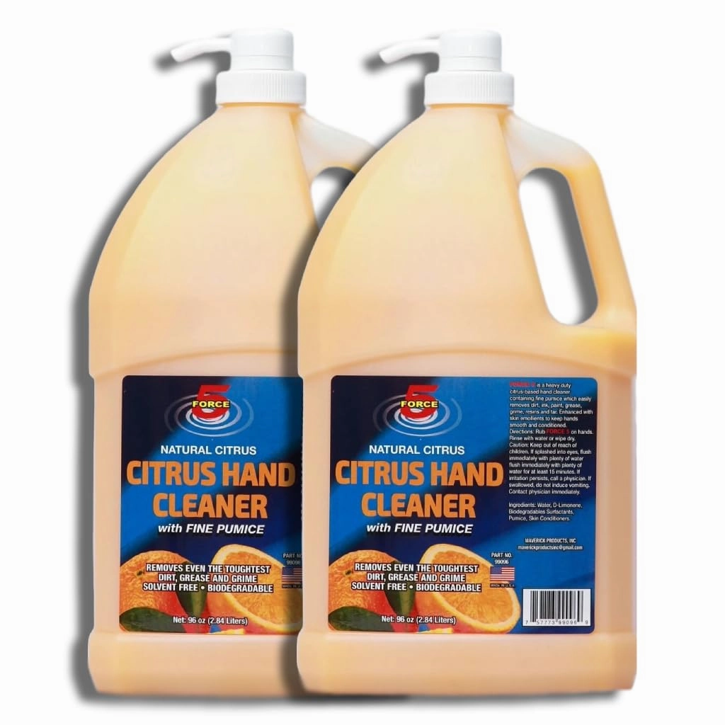 Force 5 - Citrus Hand Cleaner for Mechanics – Heavy-Duty Mechanic Soap with Natural Pumice & Citrus. Quickly Remove Removes Dirt, Grease and Grime – Moisturizing, Orange Scent. (96oz) (2 Pack)