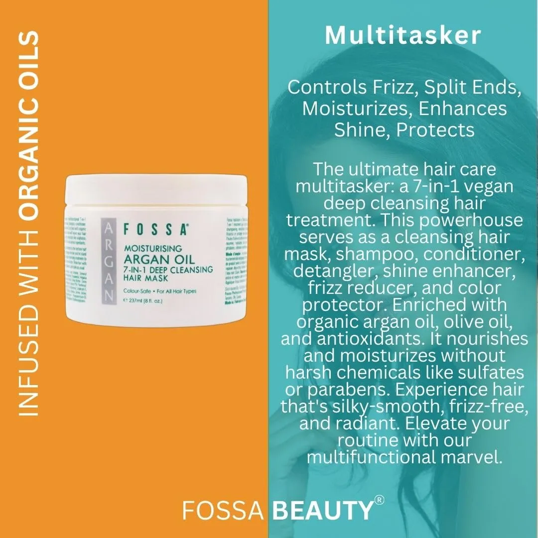 Fossa BEAUTY Moisturizing Argan Oil 7-in-1 Hair Mask | Hair Growth Serum, Shampoo, Conditioner, Detangler, Shine Enhancer & Frizz Reducer | All Hair Types, Colour Safe | 237ml, 8 fl. oz.