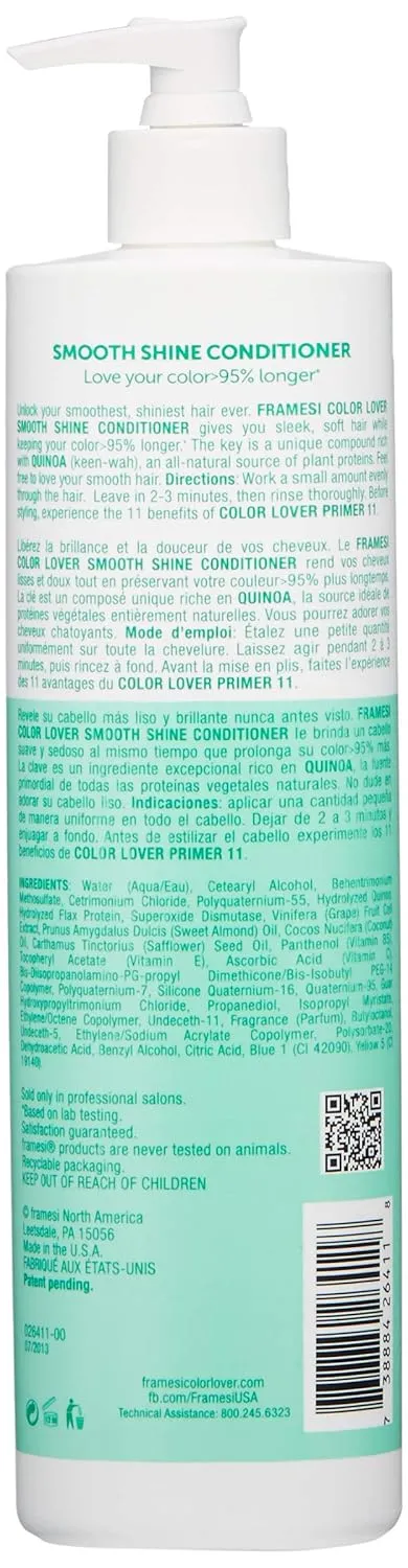 Framesi Color Lover Smooth Shine Conditioner, Sulfate Free Conditioner with Coconut Oil and Quinoa, Color Treated Hair