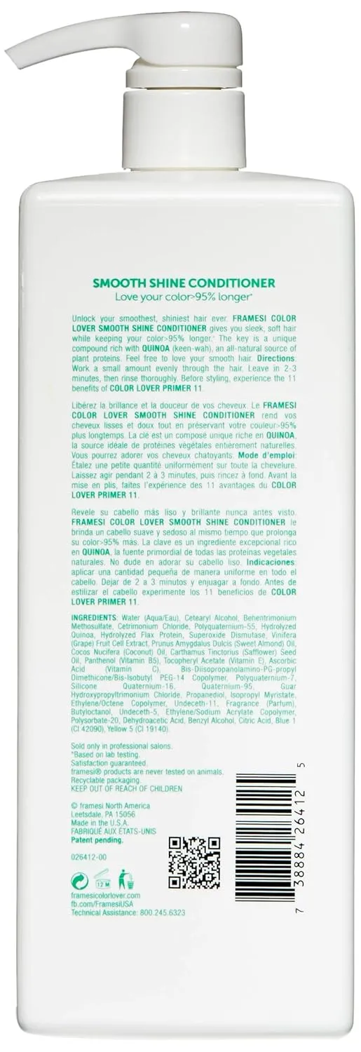 Framesi Color Lover Smooth Shine Conditioner, Sulfate Free Conditioner with Coconut Oil and Quinoa, Color Treated Hair