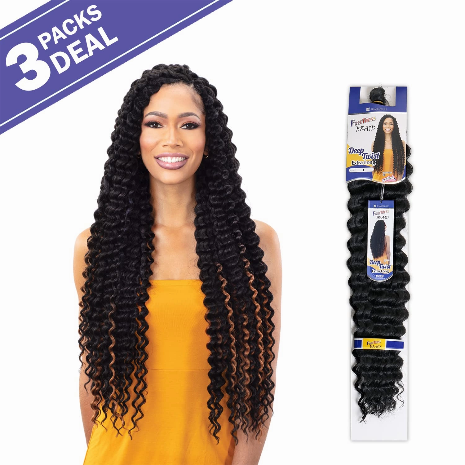 FreeTress Crochet Braids Deep Twist Extra Long (3-pack, 1B)