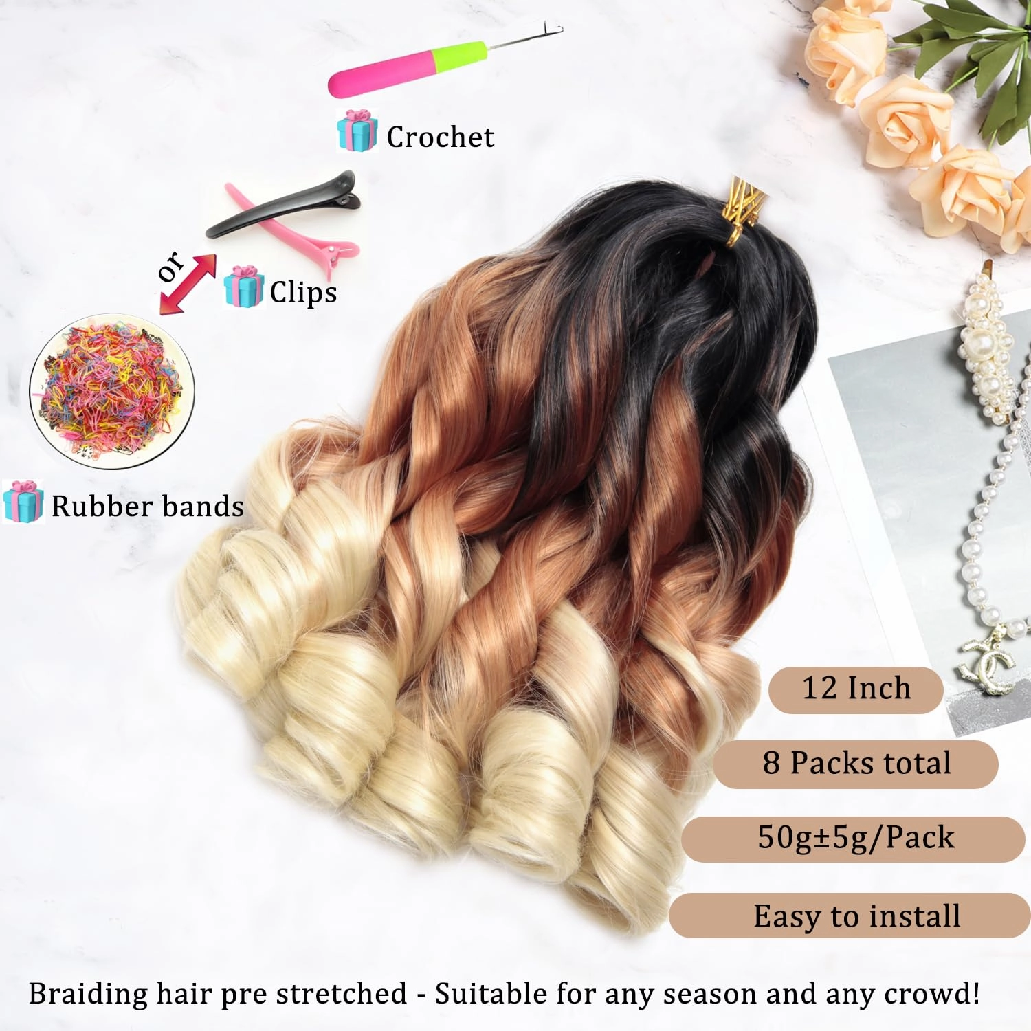 French Curl Braiding Hair 12Inch 8Packs French Curl Crochet Braids Short Curly Crochet Hair Bouncy Synthetic knotless Braiding Extensions(1B/30/613, 12inch)