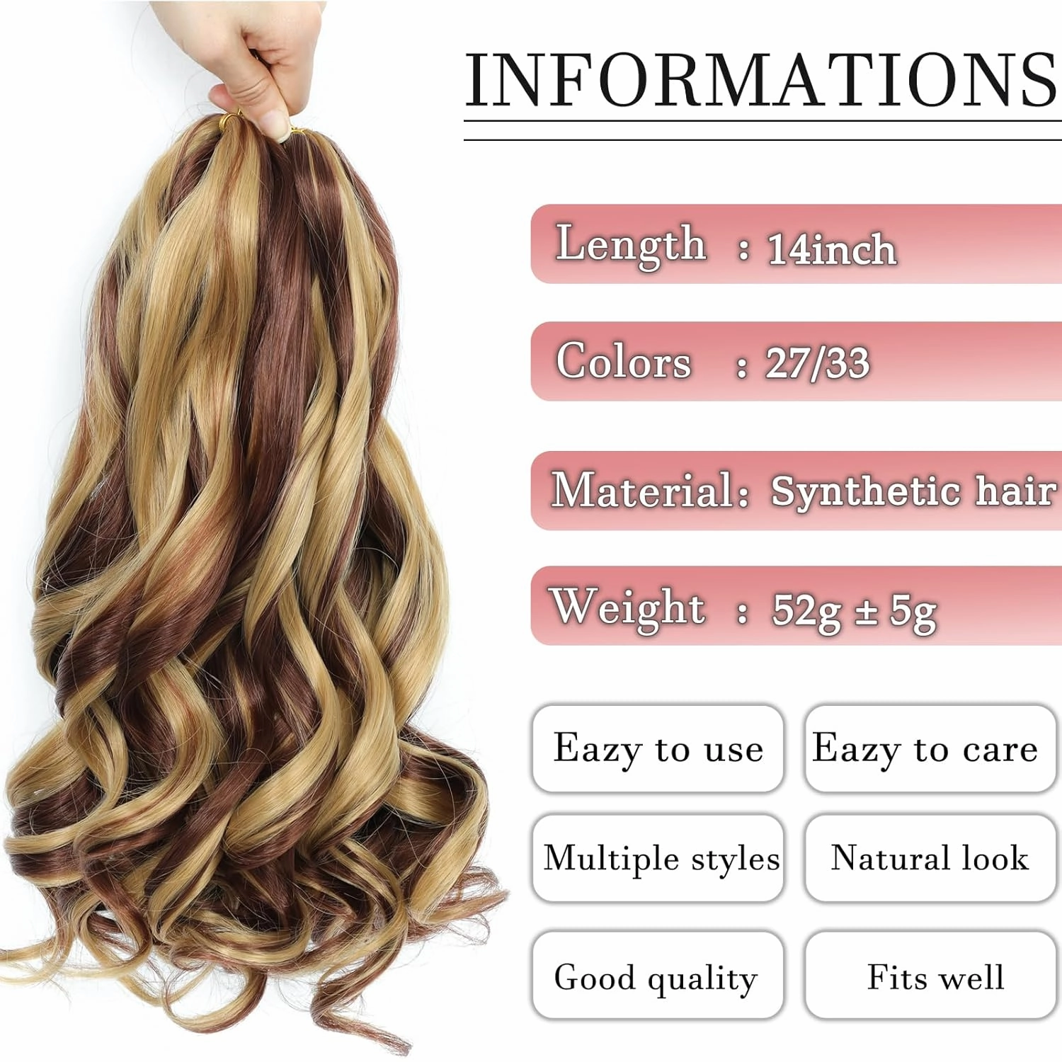 French Curl Braiding Hair 14 Inch Curly Braiding Hair 8 Packs Pre Stretched Bouncy Loose Wave French Curls Crochet Braids for Black Women (27#/33#, 14 inch)