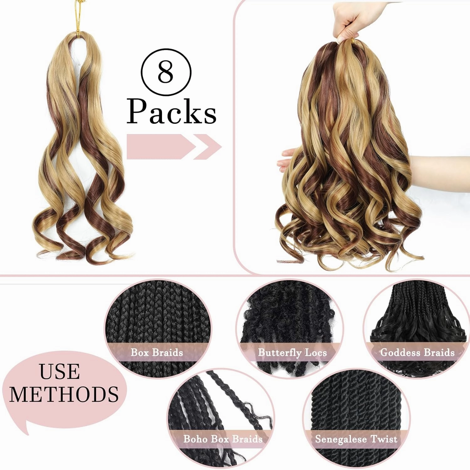 French Curl Braiding Hair 14 Inch Curly Braiding Hair 8 Packs Pre Stretched Bouncy Loose Wave French Curls Crochet Braids for Black Women (27#/33#, 14 inch)