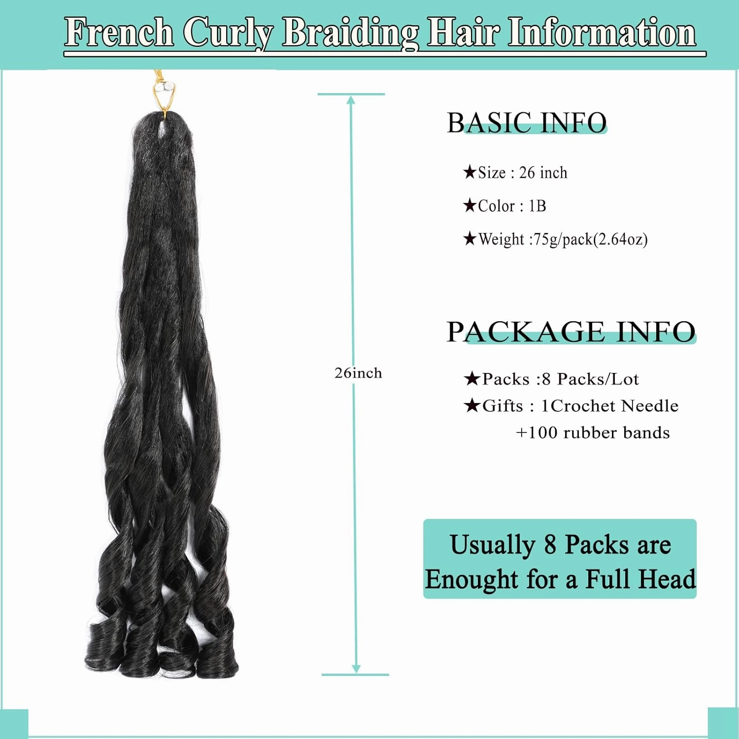 French Curl Braiding Hair 8packs, 26inch 1B Curly Braiding Hair Pre Stretched for Goddess Box Braids Crochet Hair, Bounce Curl Loose Wave Braids Curly End Crochet Hair for Black Women