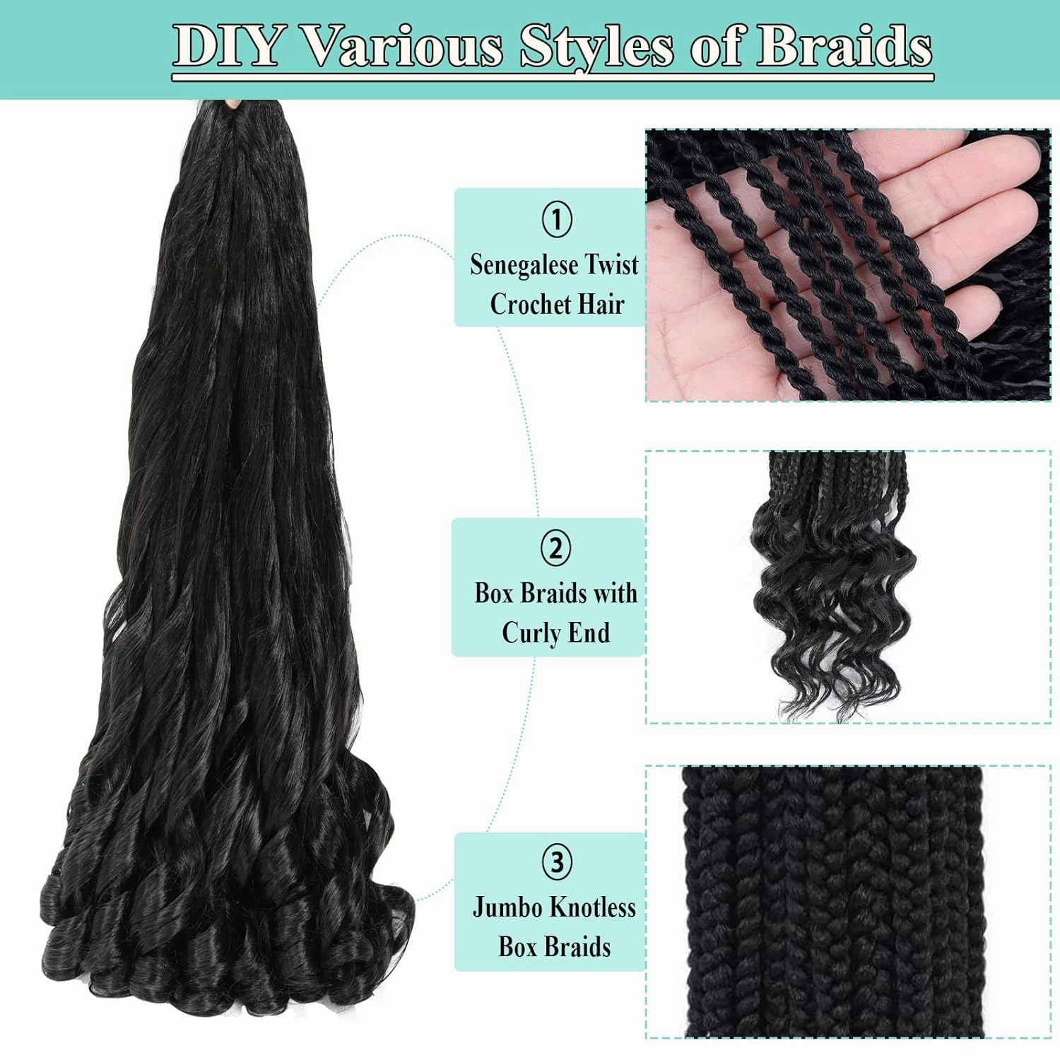 French Curl Braiding Hair 8packs, 26inch 1B Curly Braiding Hair Pre Stretched for Goddess Box Braids Crochet Hair, Bounce Curl Loose Wave Braids Curly End Crochet Hair for Black Women
