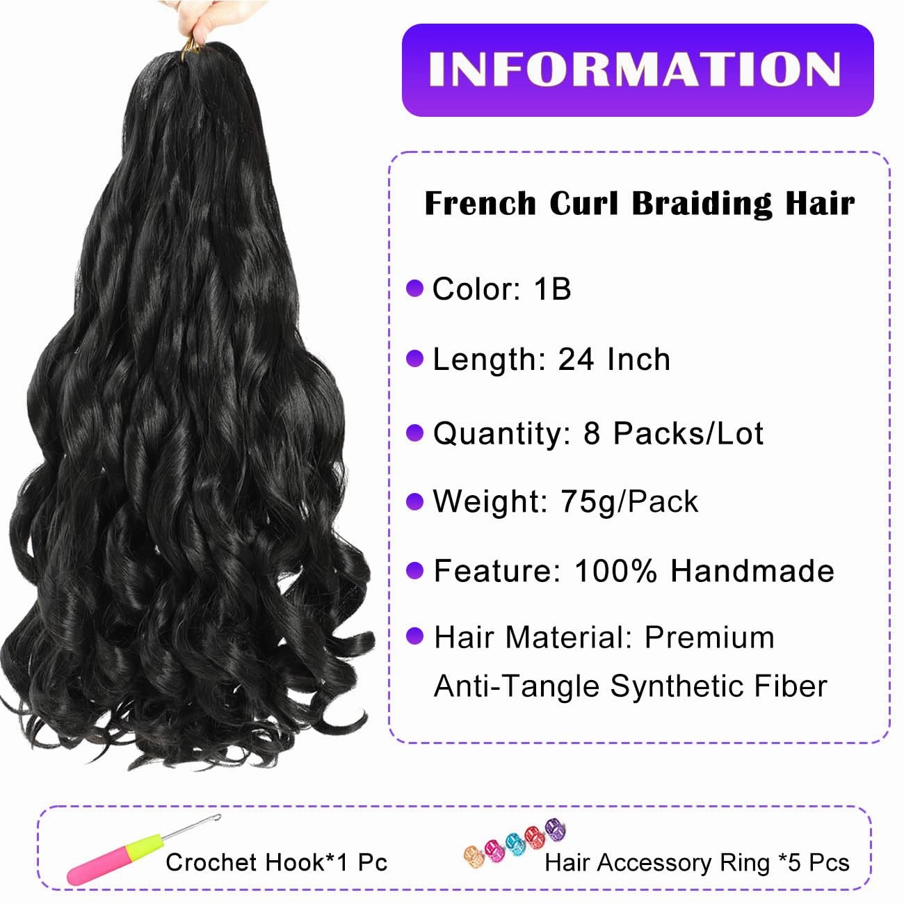 French Curly Braiding Hair 8 Packs Loose Wavy Braiding Hair Pre Stretched Bouncy Synthetic French Curl Braiding Hair Extensions for Women (1B, 24 Inch)