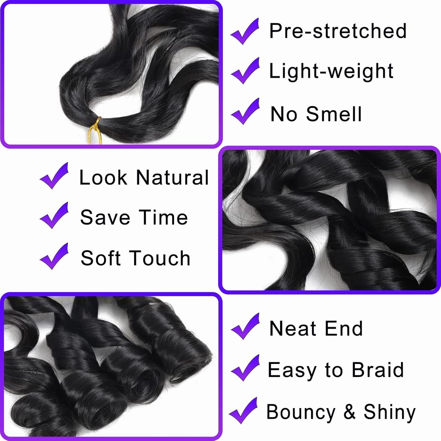 French Curly Braiding Hair 8 Packs Loose Wavy Braiding Hair Pre Stretched Bouncy Synthetic French Curl Braiding Hair Extensions for Women (1B, 24 Inch)