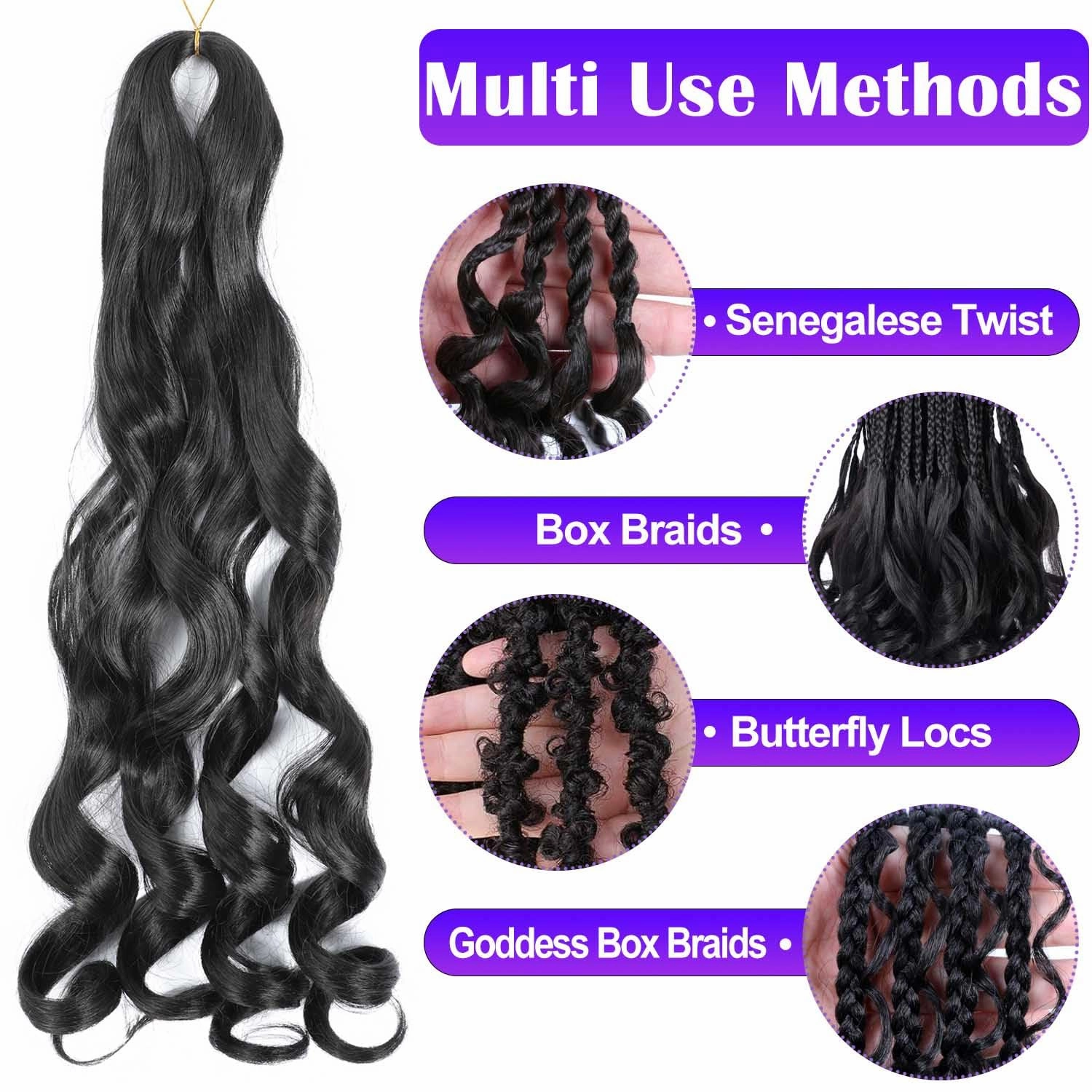 French Curly Braiding Hair 8 Packs Loose Wavy Braiding Hair Pre Stretched Bouncy Synthetic French Curl Braiding Hair Extensions for Women (1B, 24 Inch)