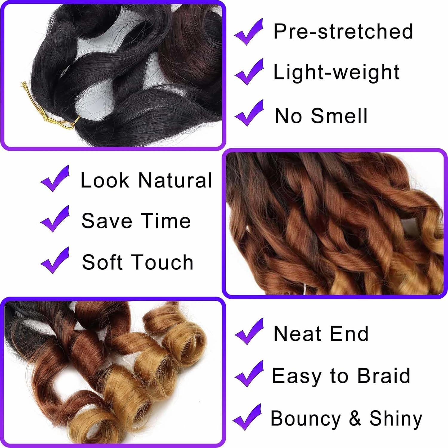 French Curly Braiding Hair 8 Packs Loose Wavy Braiding Hair Pre Stretched Bouncy Synthetic French Curl Braiding Hair Extensions for Women (1B/30/27#, 18 Inch)