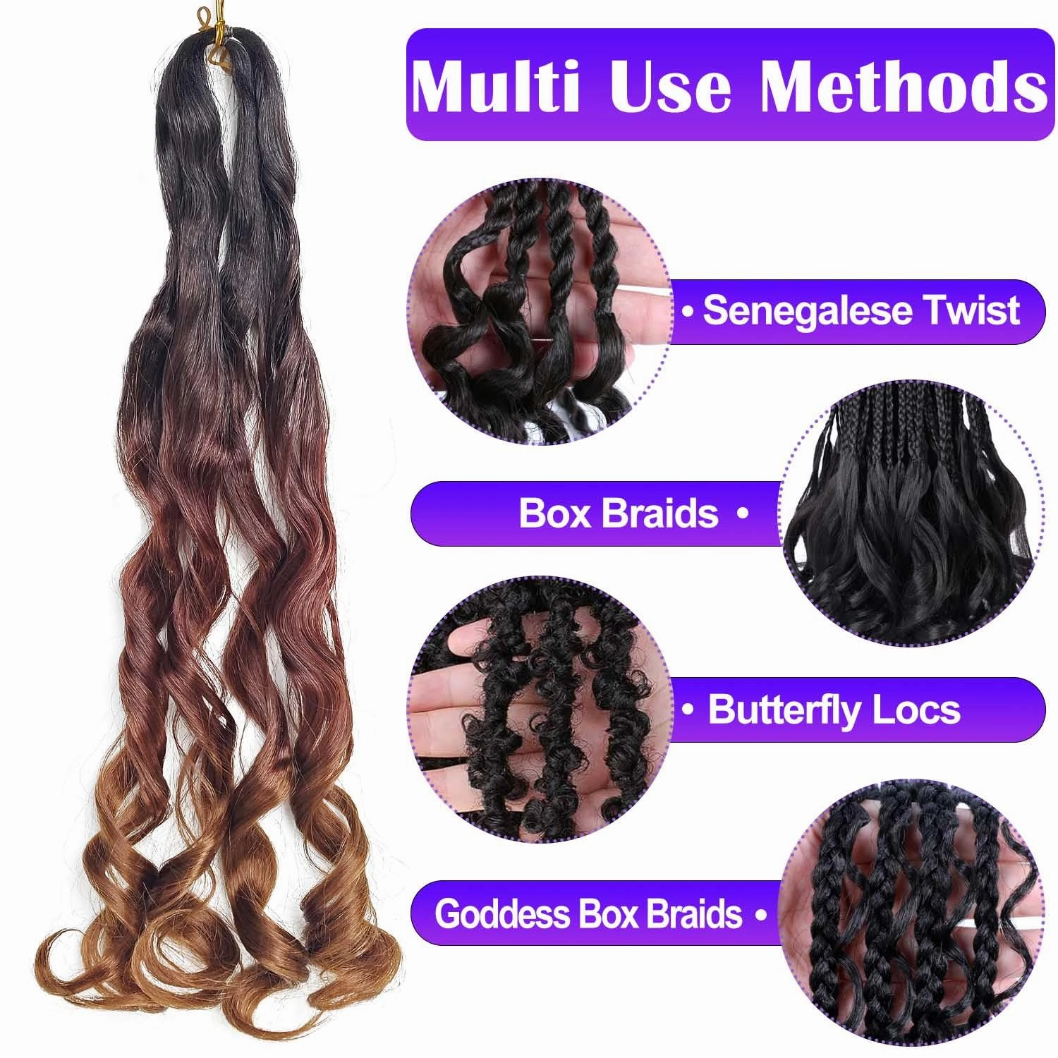 French Curly Braiding Hair 8 Packs Loose Wavy Braiding Hair Pre Stretched Bouncy Synthetic French Curl Braiding Hair Extensions for Women (1B/33/30#, 24 Inch)