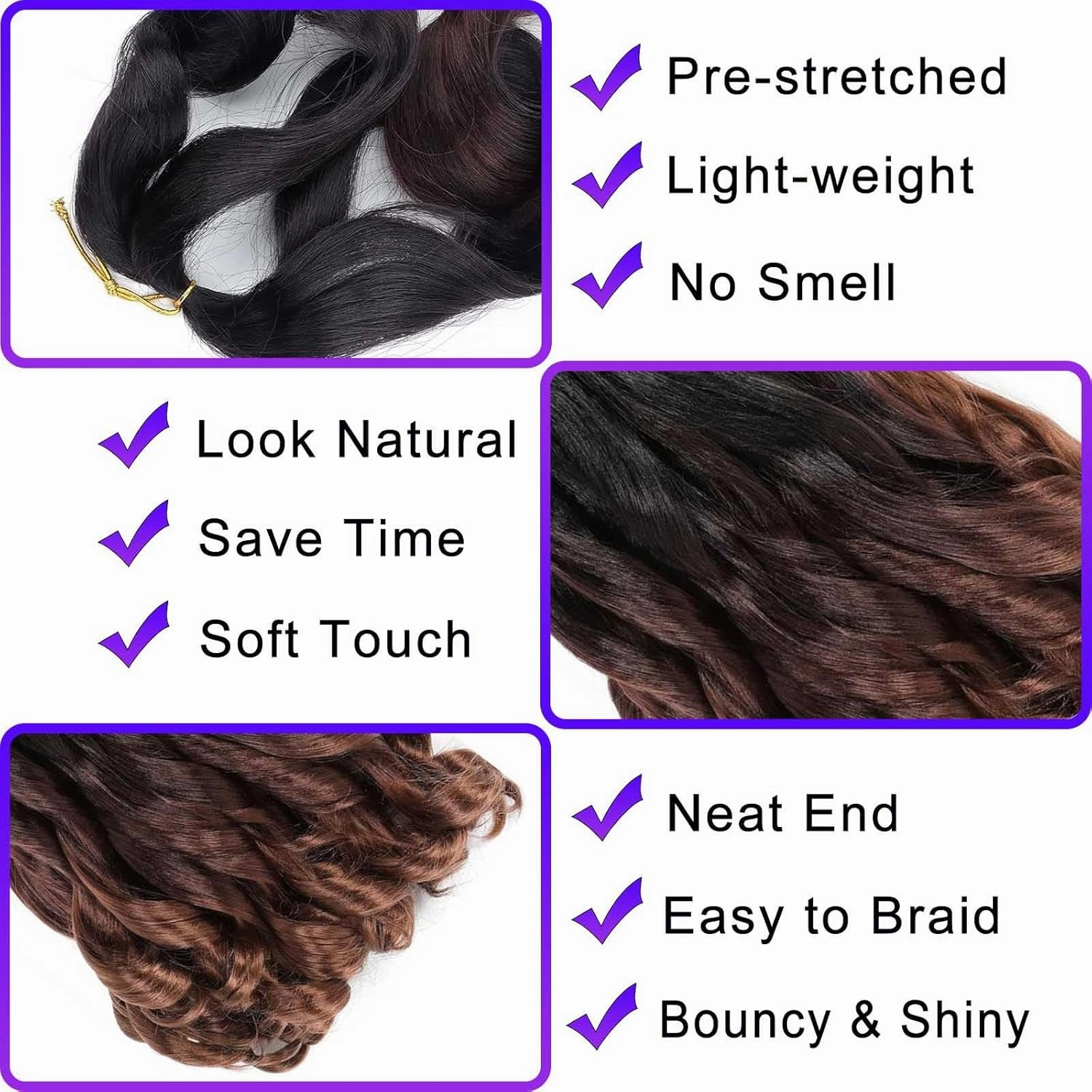 French Curly Braiding Hair 8 Packs Loose Wavy Braiding Hair Pre Stretched Bouncy Synthetic French Curl Braiding Hair Extensions for Women (1B/33/30#, 24 Inch)