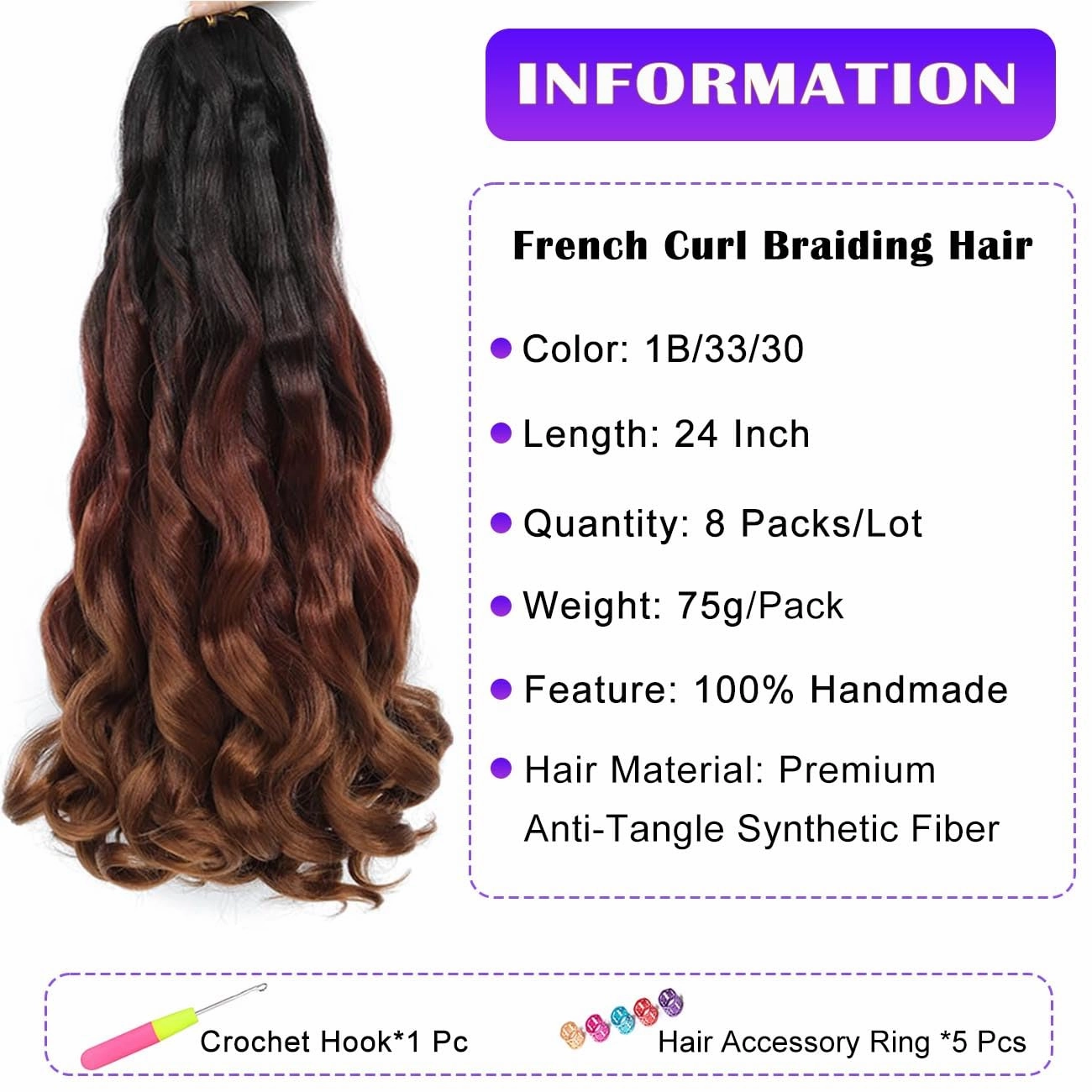 French Curly Braiding Hair 8 Packs Loose Wavy Braiding Hair Pre Stretched Bouncy Synthetic French Curl Braiding Hair Extensions for Women (1B/33/30#, 24 Inch)