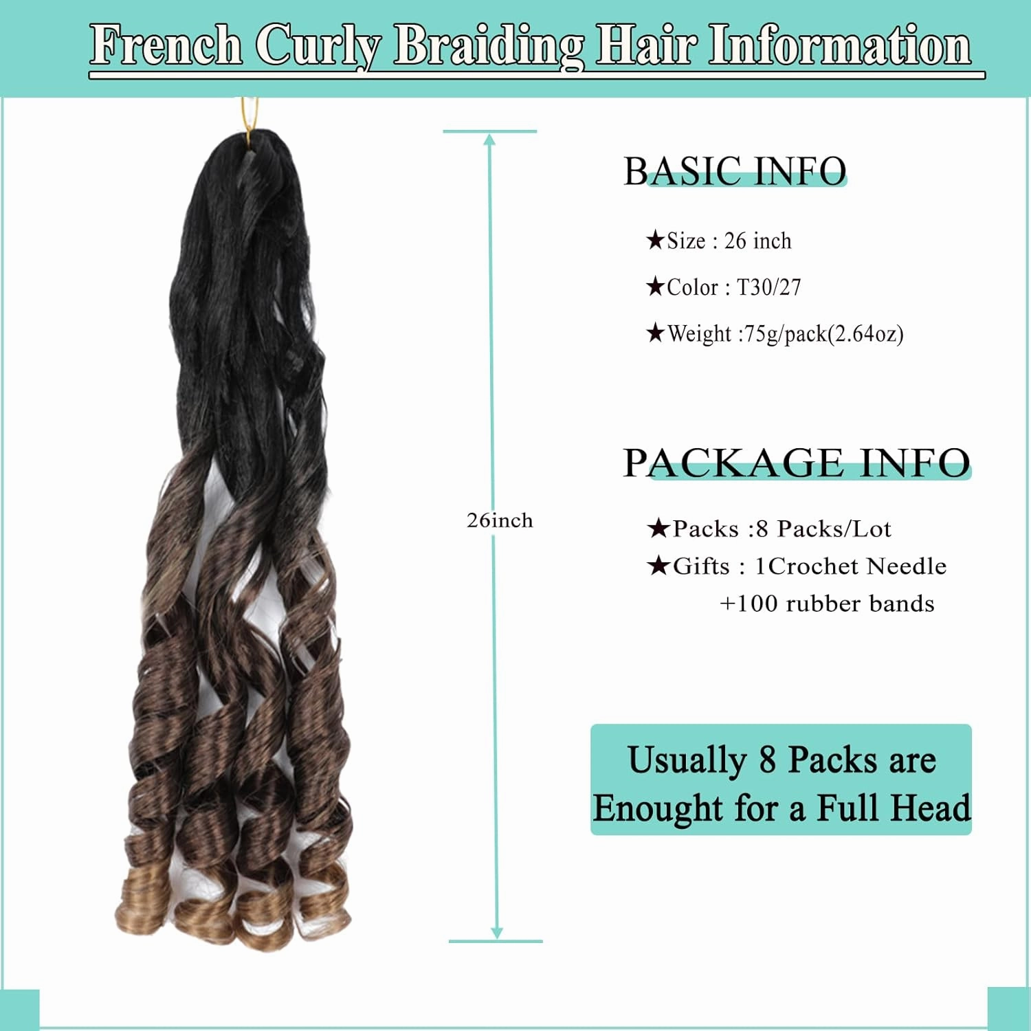 French Curly Braiding Hair 8packs 26inch Pre Stretched Curly Ombre Braiding Hair for Goddess Box Braids Crochet Hair Bounce Curl Loose Wave Crochet Braids for Black Women Extensions