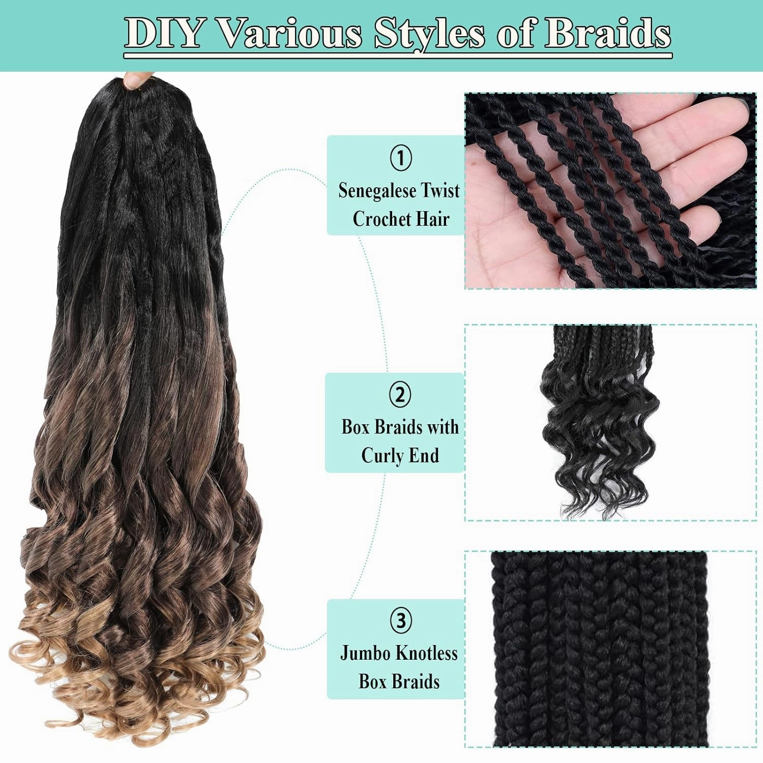 French Curly Braiding Hair 8packs 26inch Pre Stretched Curly Ombre Braiding Hair for Goddess Box Braids Crochet Hair Bounce Curl Loose Wave Crochet Braids for Black Women Extensions