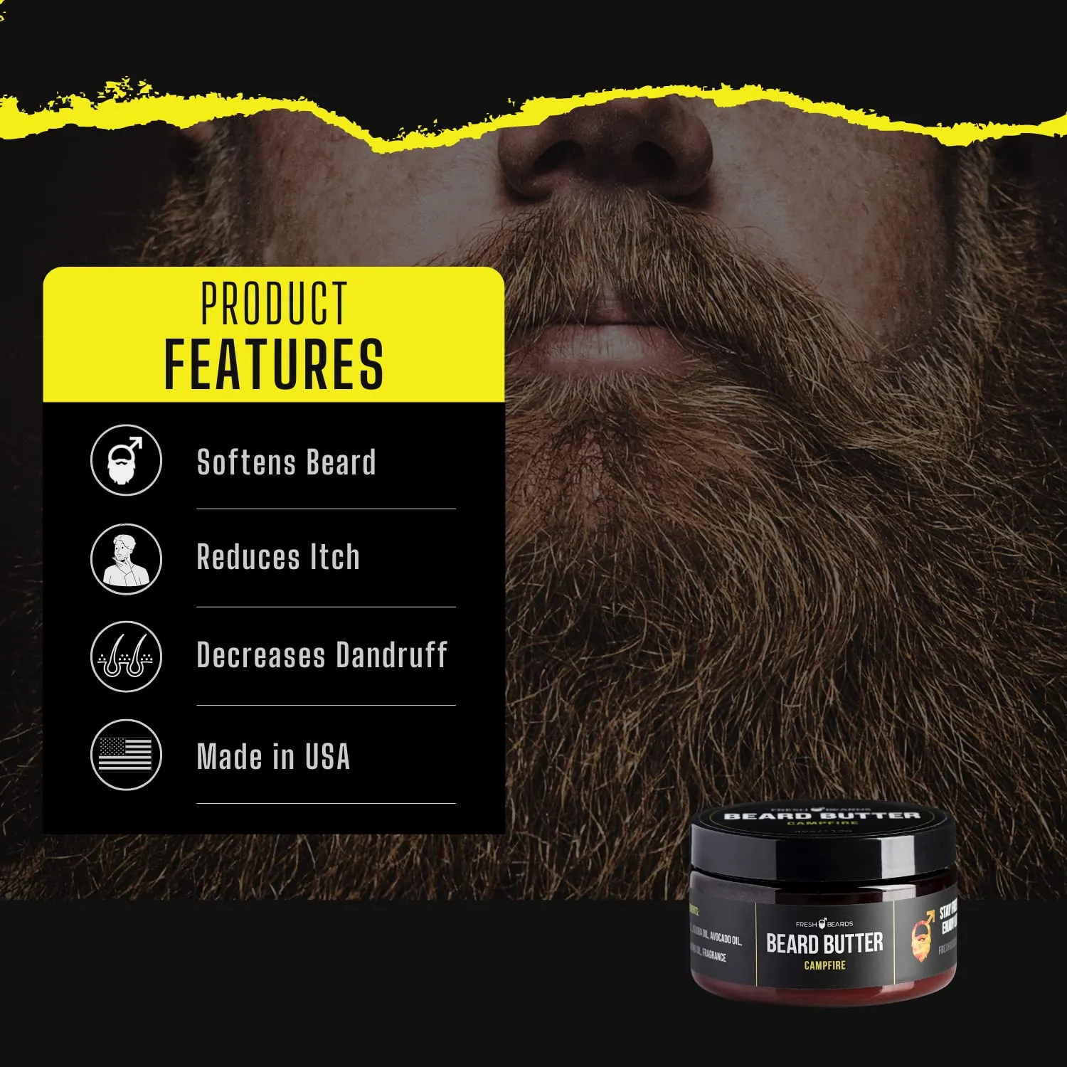 Fresh Beards Campfire Beard Butter - Wood, Sweet Smoke, and Fire Fragrance - Scented Mens Beard and Mustache Conditioner - Soothing Anti-Itch Moisturizer and Softener for Healthy Beard Growth