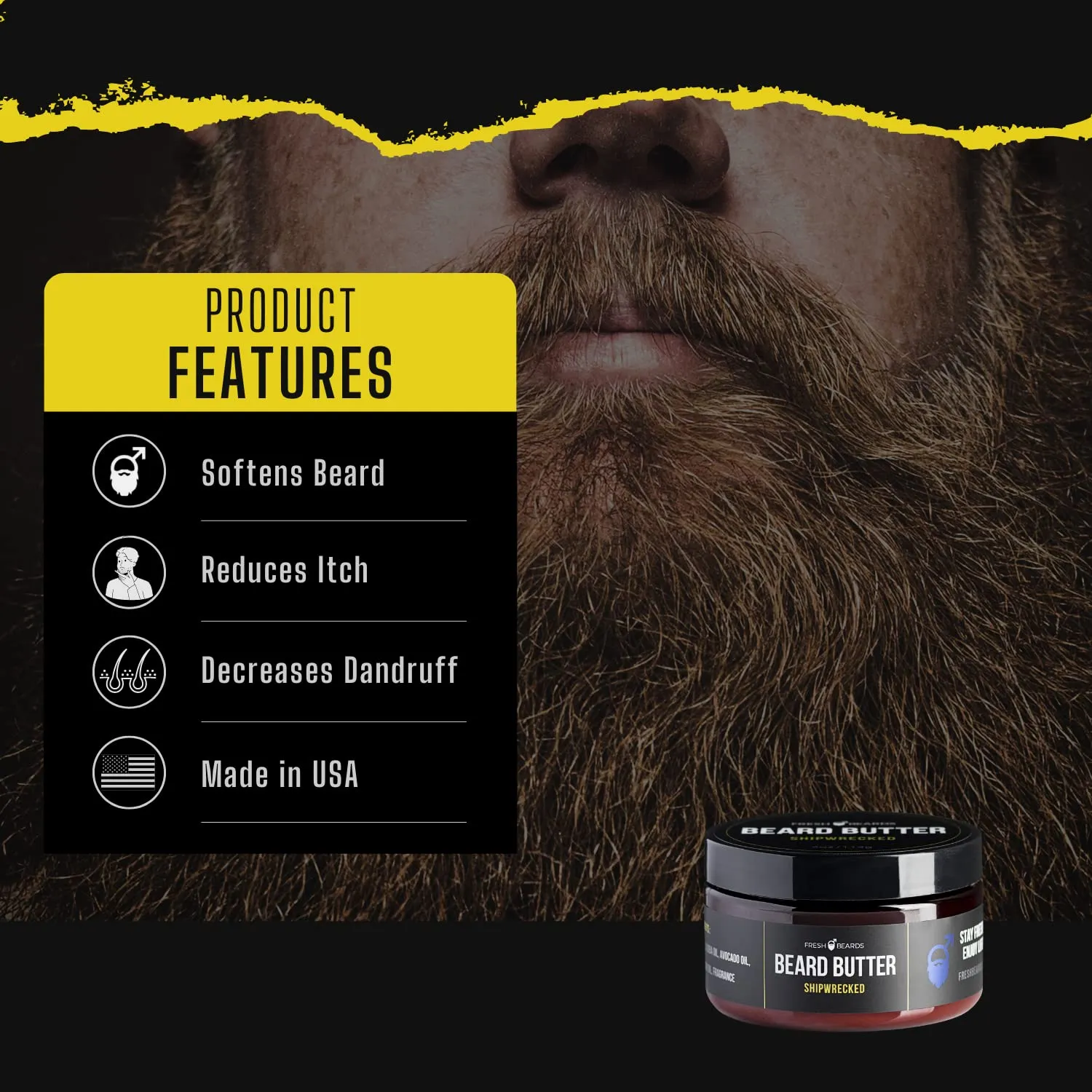 Fresh Beards Shipwrecked Beard Butter - Bay Rum, Clove, and Caribbean Spice Fragrance - Scented Mens Beard and Mustache Conditioner - Soothing Anti-Itch Moisturizer and Softener for Healthy Beard Growth