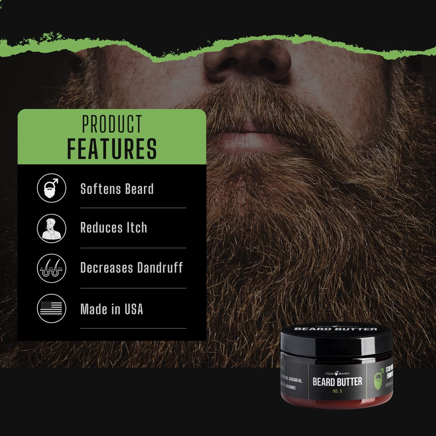 Fresh Beads No. 5 Beard Butter - Tea Tree Oil & Fresh Cut Lemon Fragrance - Men's Scented Conditioner"; "Soothing Anti-Itch Moisturizer & Softener for Healthy Beard Growth