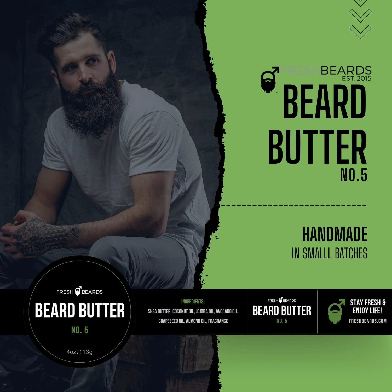 Fresh Beads No. 5 Beard Butter - Tea Tree Oil & Fresh Cut Lemon Fragrance - Men's Scented Conditioner"; "Soothing Anti-Itch Moisturizer & Softener for Healthy Beard Growth