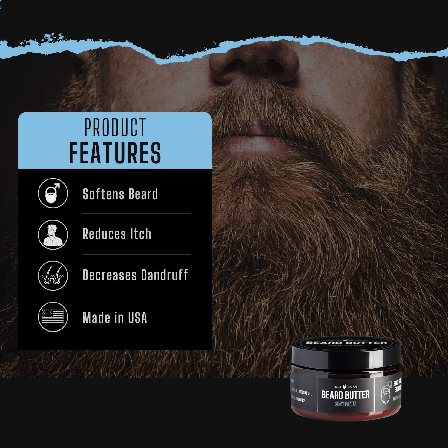 Fresh Beards City Limit Beard Butter - Teakwood & Lavender Fragrance - Scented Mens Beard and Mustache Conditioner - Soothing Anti-Itch Moisturizer & Softener for Healthy Beard Growth