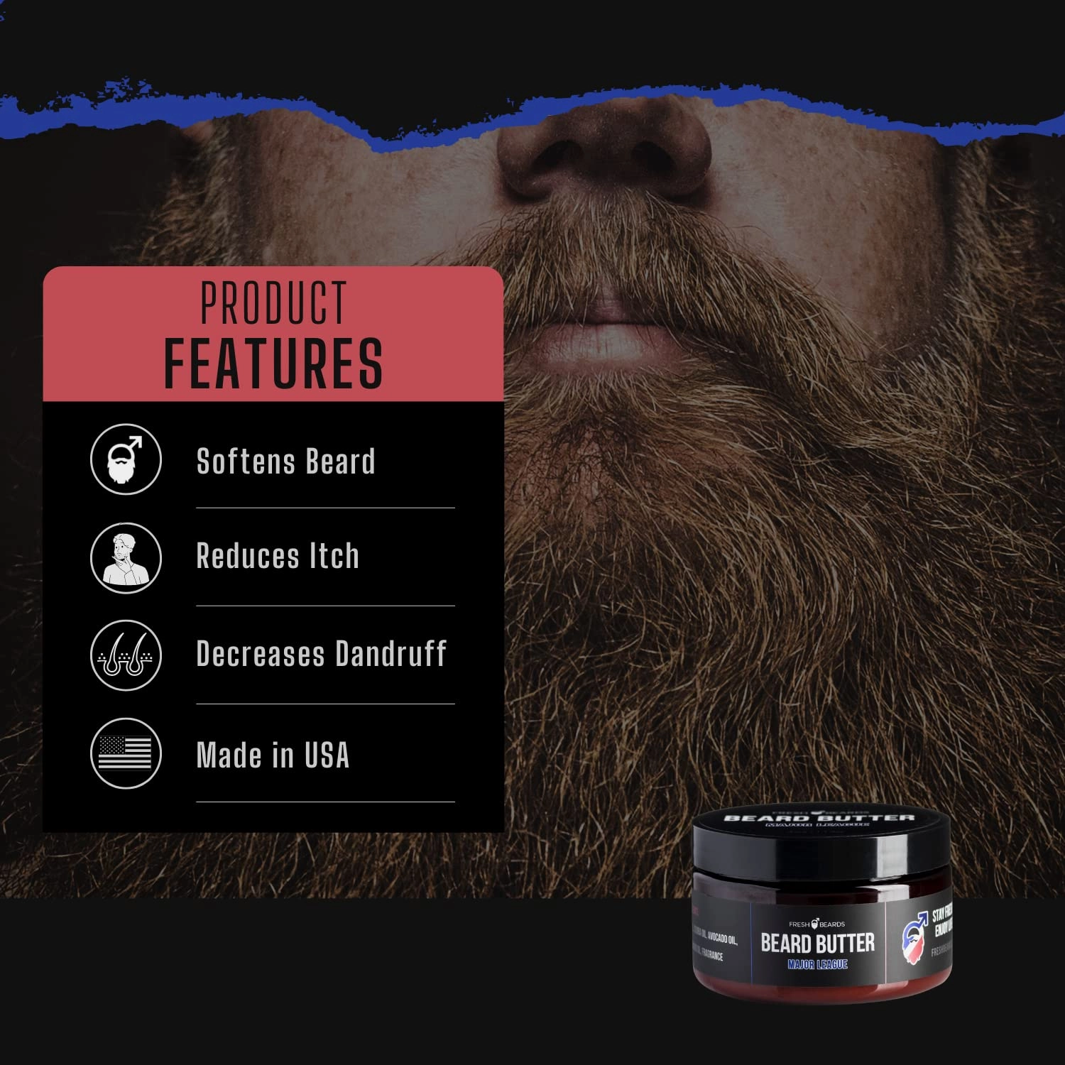 Fresh Beards Major League Beard Butter - Tobacco, Clove, and Sweet Cherry Fragrance - Mens Mustache Conditioner - Soothing Anti-Itch Moisturizer and Softener for Growth
