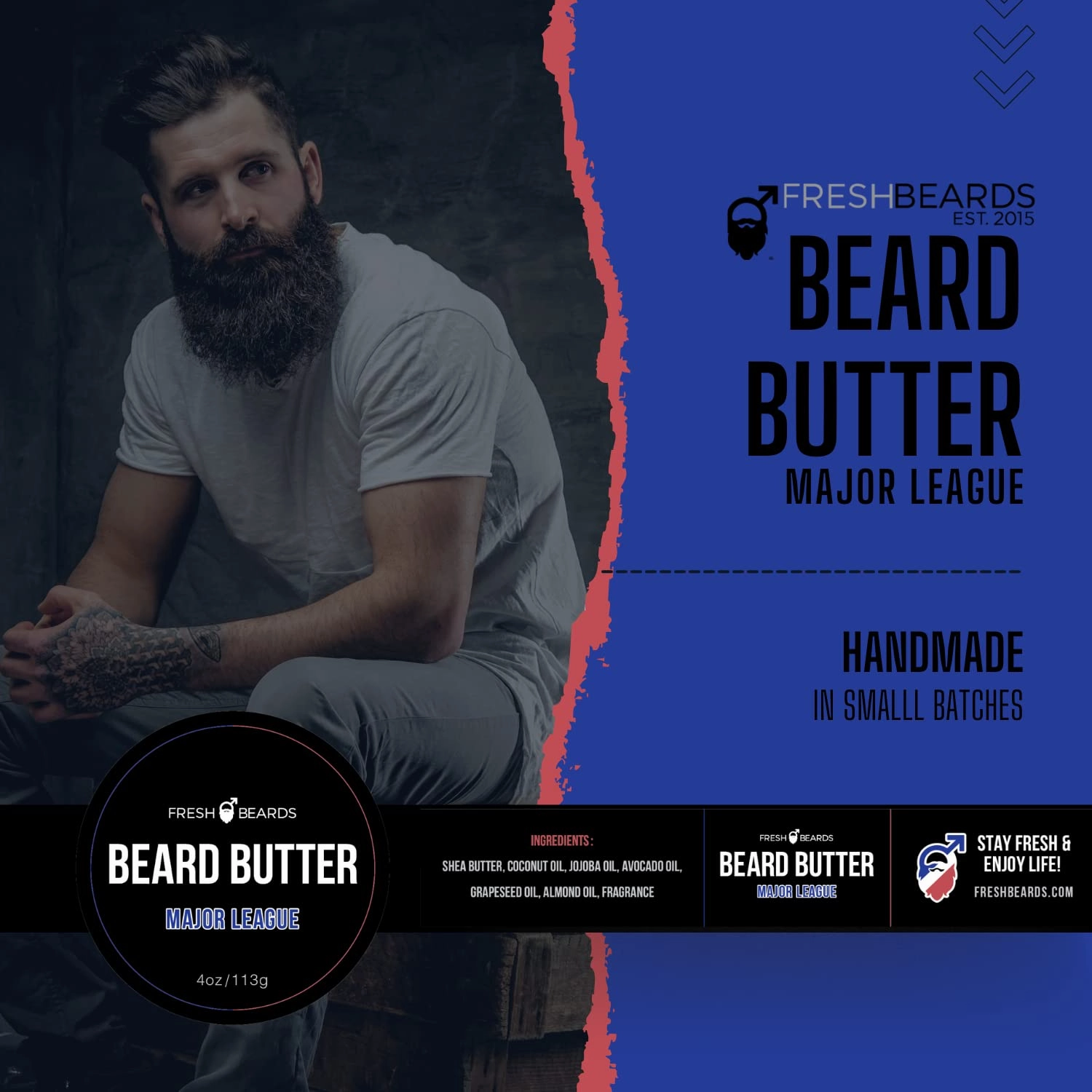 Fresh Beards Major League Beard Butter - Tobacco, Clove, and Sweet Cherry Fragrance - Mens Mustache Conditioner - Soothing Anti-Itch Moisturizer and Softener for Growth