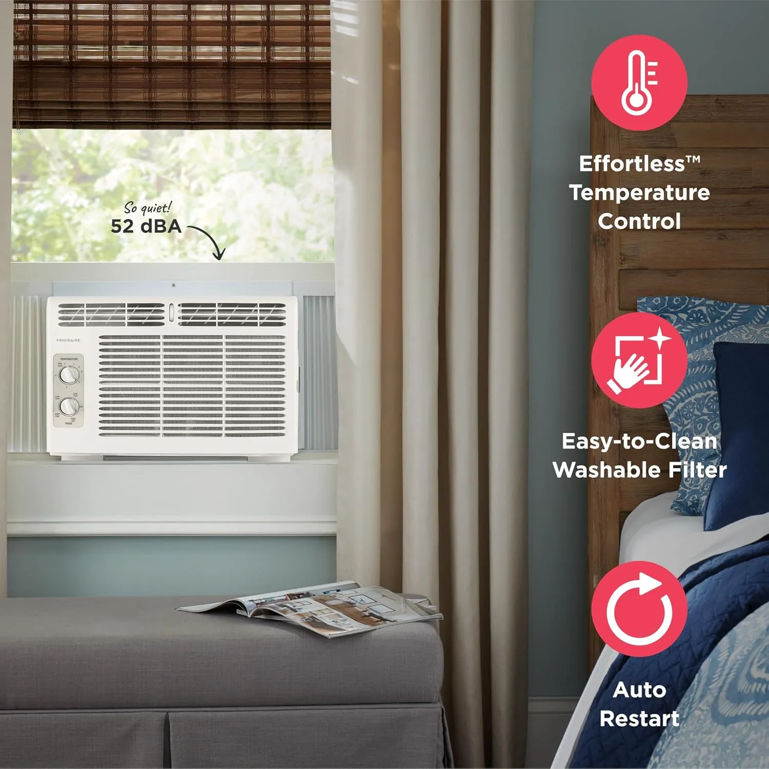Frigidaire 5,000 BTU Window-Mounted Air Conditioner, Cools Up to 250 Sq. Ft., Quiet Operation, Effortless Temperature Control, 2 Fan Speeds, Auto Restart, White
