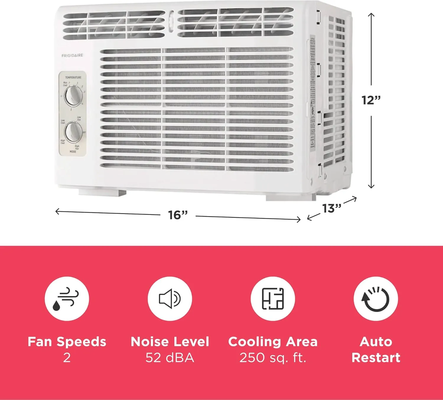 Frigidaire 5,000 BTU Window-Mounted Air Conditioner, Cools Up to 250 Sq. Ft., Quiet Operation, Effortless Temperature Control, 2 Fan Speeds, Auto Restart, White