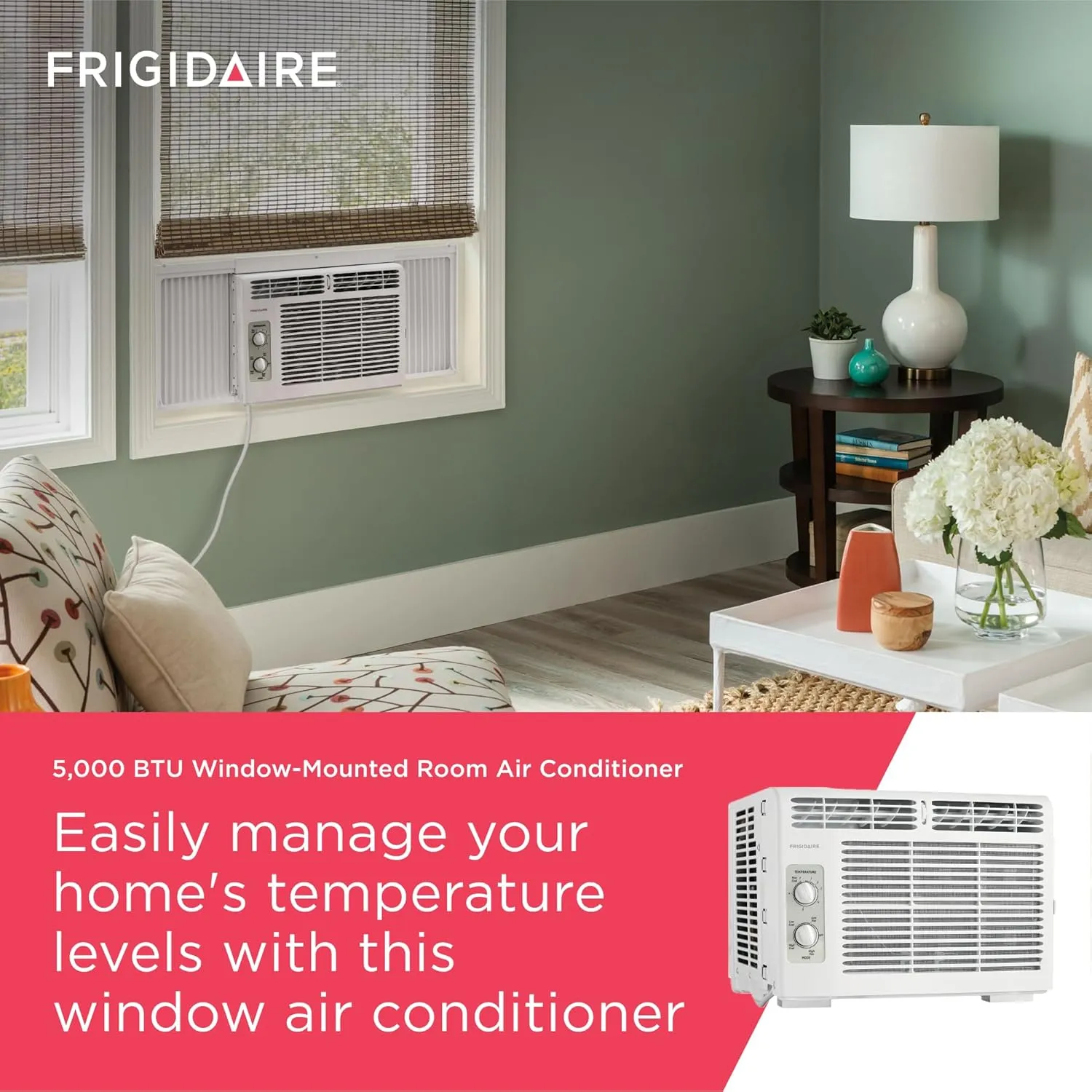 Frigidaire 5,000 BTU Window-Mounted Air Conditioner, Cools Up to 250 Sq. Ft., Quiet Operation, Effortless Temperature Control, 2 Fan Speeds, Auto Restart, White