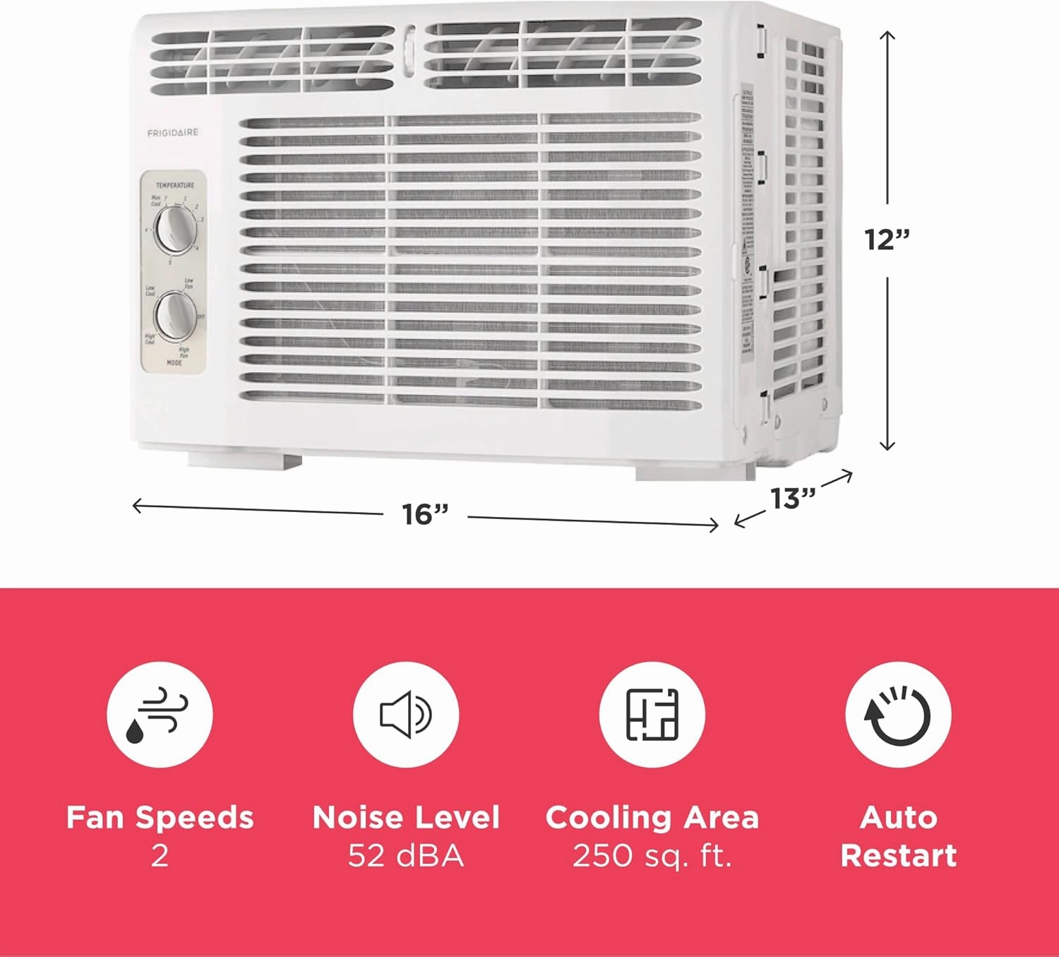 Frigidaire 5,000 BTU Window-Mounted Air Conditioner, Cools Up to 250 Sq. Ft., Quiet Operation, Effortless Temperature Control, 2 Fan Speeds, Auto Restart, White