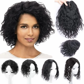 Fuffly Curly Human Hair Topper Side Part Clip in Hairpiece Women Toupee Replacement Hair Piece 13x14cm Silktop Topper Clip on Wave Hair Extensions Covering Grey Hair(12" Right Part,Black)