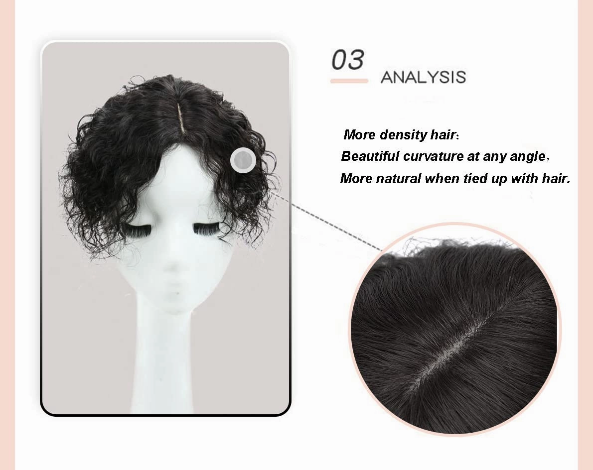 Fuffly Curly Human Hair Topper Side Part Clip in Hairpiece Women Toupee Replacement Hair Piece 13x14cm Silktop Topper Clip on Wave Hair Extensions Covering Grey Hair(12" Right Part,Black)