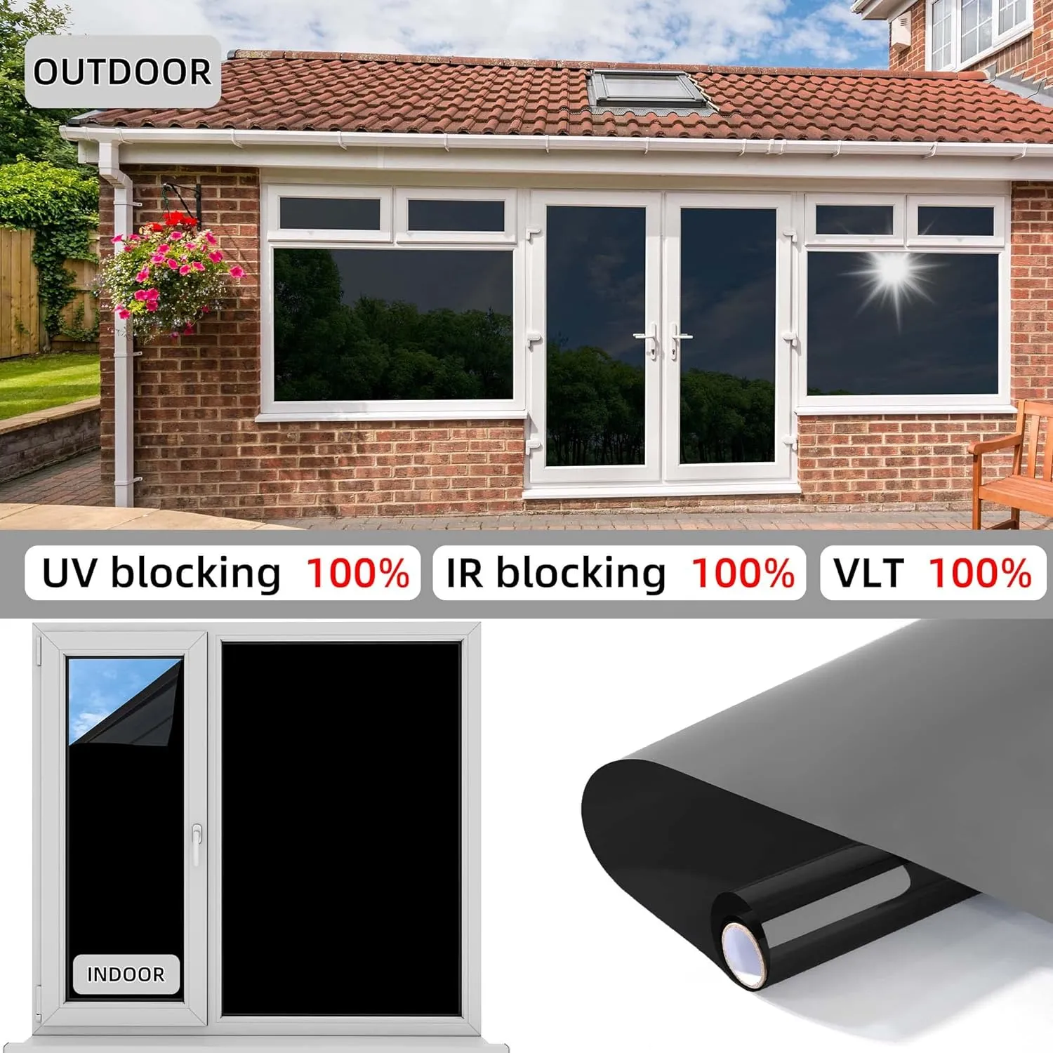 FuFin Total Blackout Window Privacy Film with Free Installation Tools,Explosion-Proof PET Material,Blocks 100% of UV and Light Rays.Heat Control Room Darkening Window Cover(Total Black 23.6"×78.7")