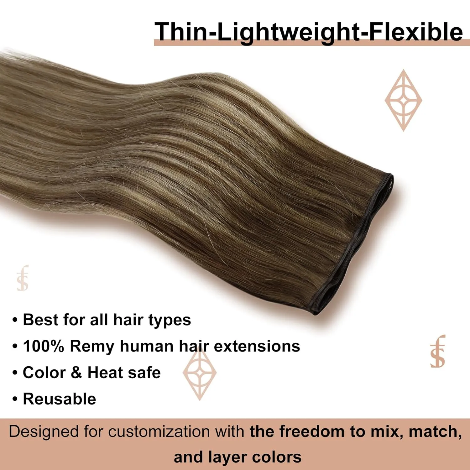 Full Shine Genius Weft Hair Extensions Real Human Hair Hand Tied Hair Extensions Remy Hair Color Medium Brown To Honey Blonde Highlight Medium Brown Human Hair Weft Sew In Hair Extensions 60G 20 Inch