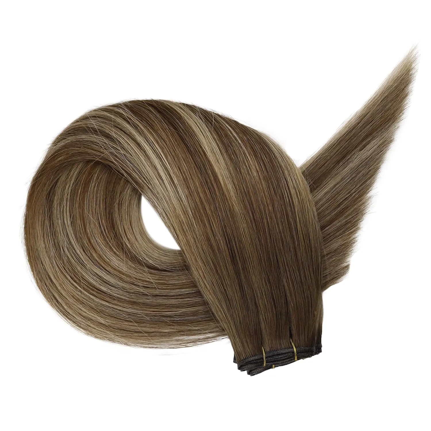 Full Shine Genius Weft Hair Extensions Real Human Hair Hand Tied Hair Extensions Remy Hair Color Medium Brown To Honey Blonde Highlight Medium Brown Human Hair Weft Sew In Hair Extensions 60G 20 Inch