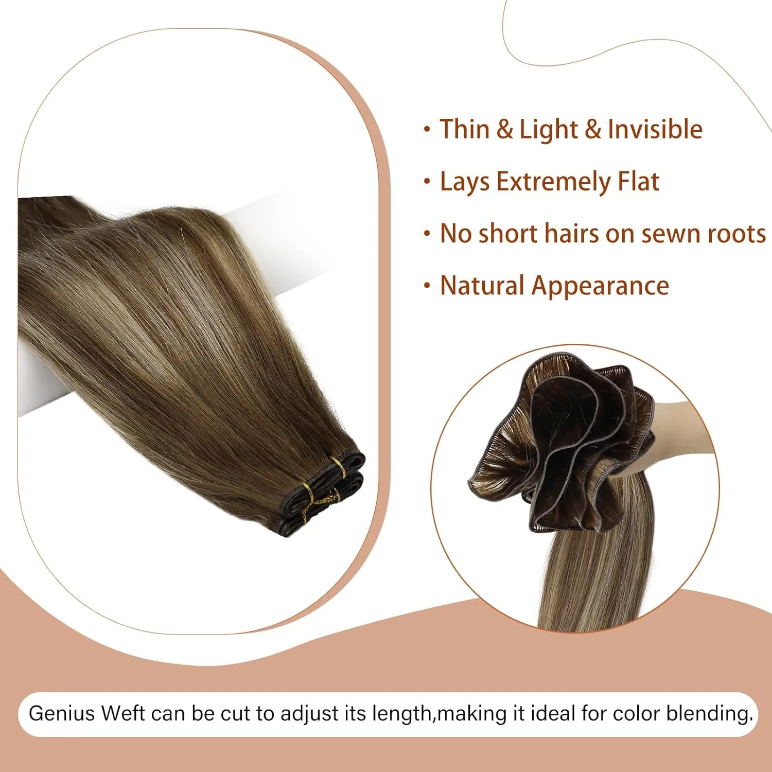 Full Shine Genius Weft Hair Extensions Real Human Hair Hand Tied Hair Extensions Remy Hair Color Medium Brown To Honey Blonde Highlight Medium Brown Human Hair Weft Sew In Hair Extensions 60G 20 Inch