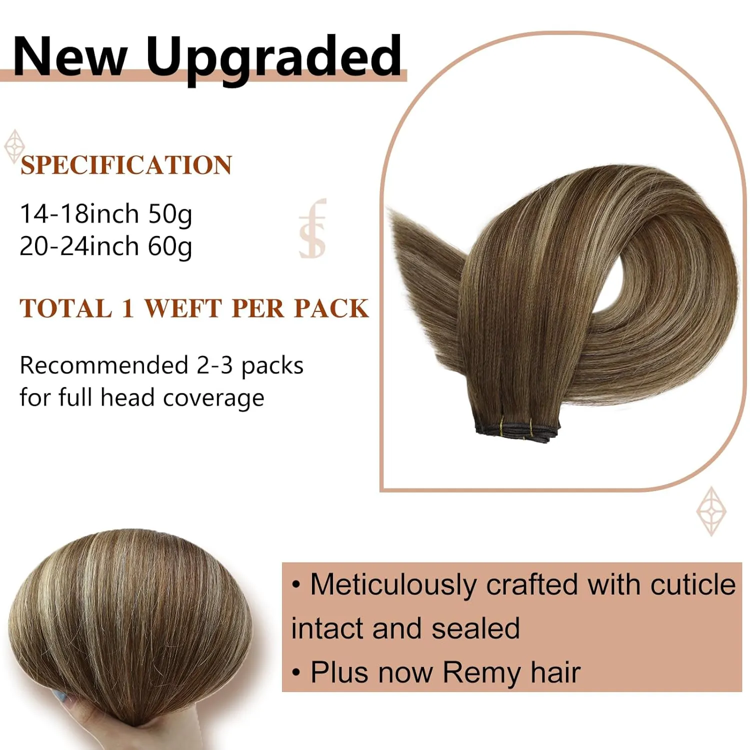 Full Shine Genius Weft Hair Extensions Real Human Hair Hand Tied Hair Extensions Remy Hair Color Medium Brown To Honey Blonde Highlight Medium Brown Human Hair Weft Sew In Hair Extensions 60G 20 Inch
