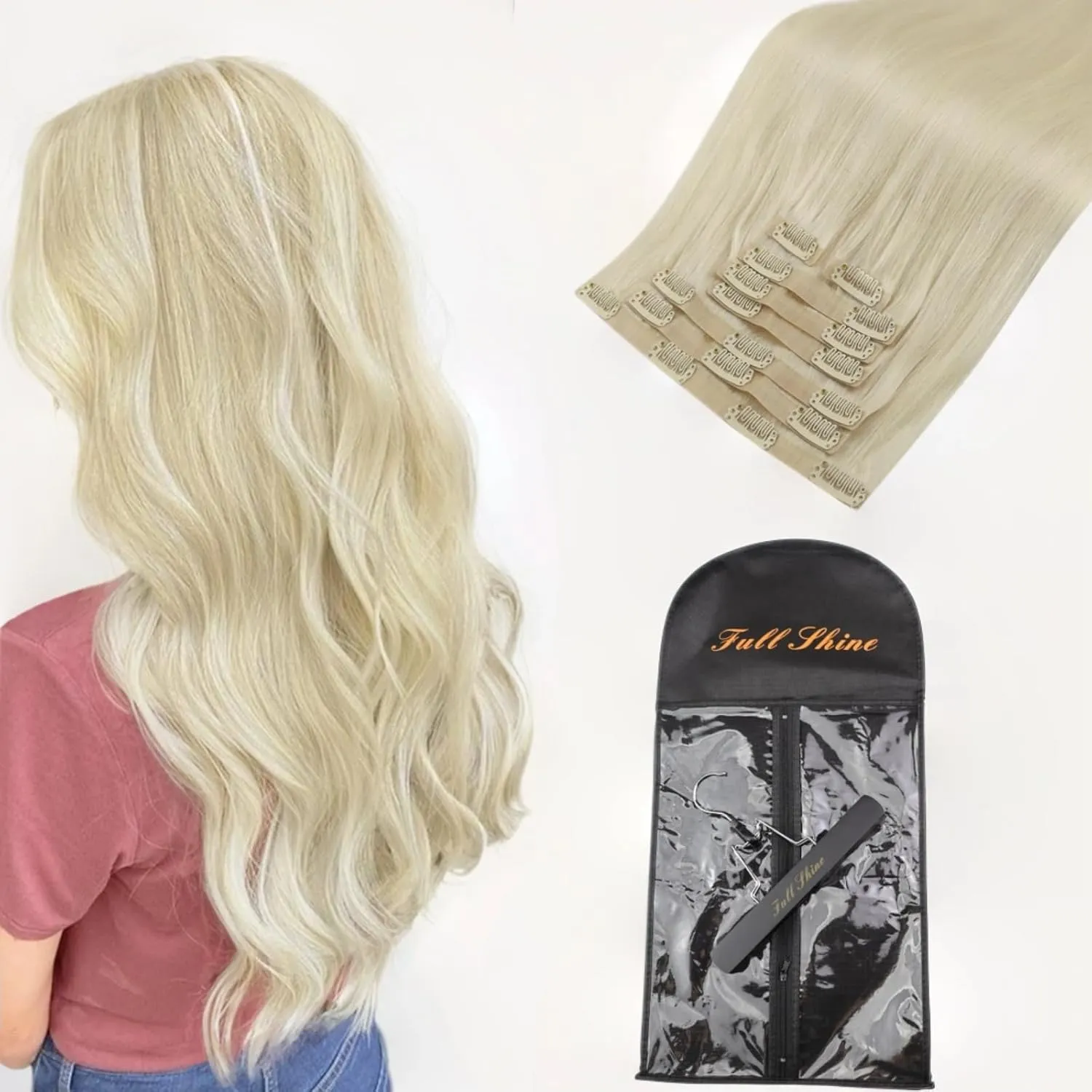 Full Shine Platinum Blonde Clip in Hair Extensions for Long Natural Clip in Remy Extensions With Pu Weft Hair Extensions 8Pcs 120G 22Inch One Long Hair Extension Storage Bag With Hair Extension Hanger