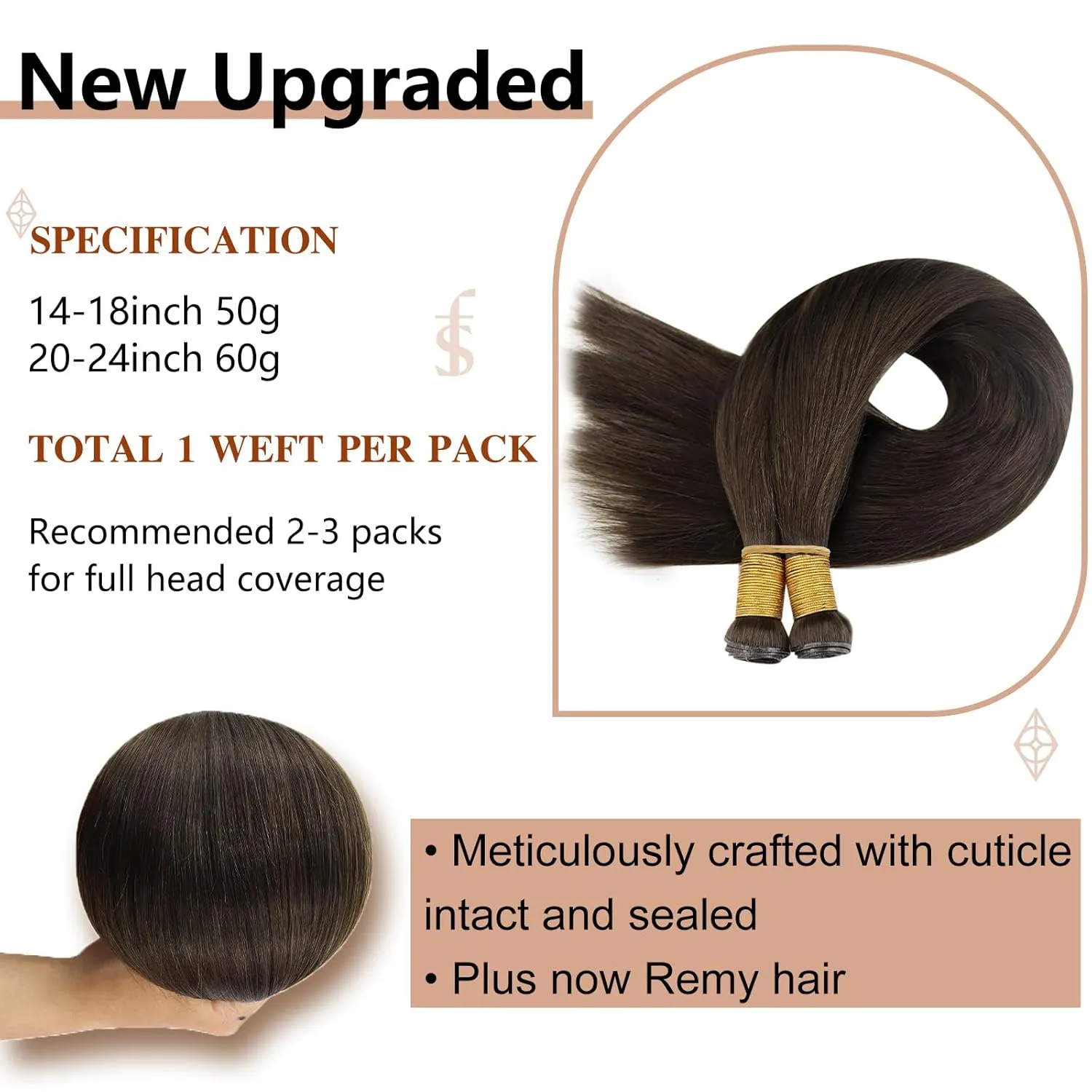 Full Shine Sew in Hand Tied Weft Hair Extensions Weft Extensions Human Hair Remy Human Hair Dark Brown Wefts Brazilian Hair For Women Invisible Weave Color #2 60 Gram 22 Inch