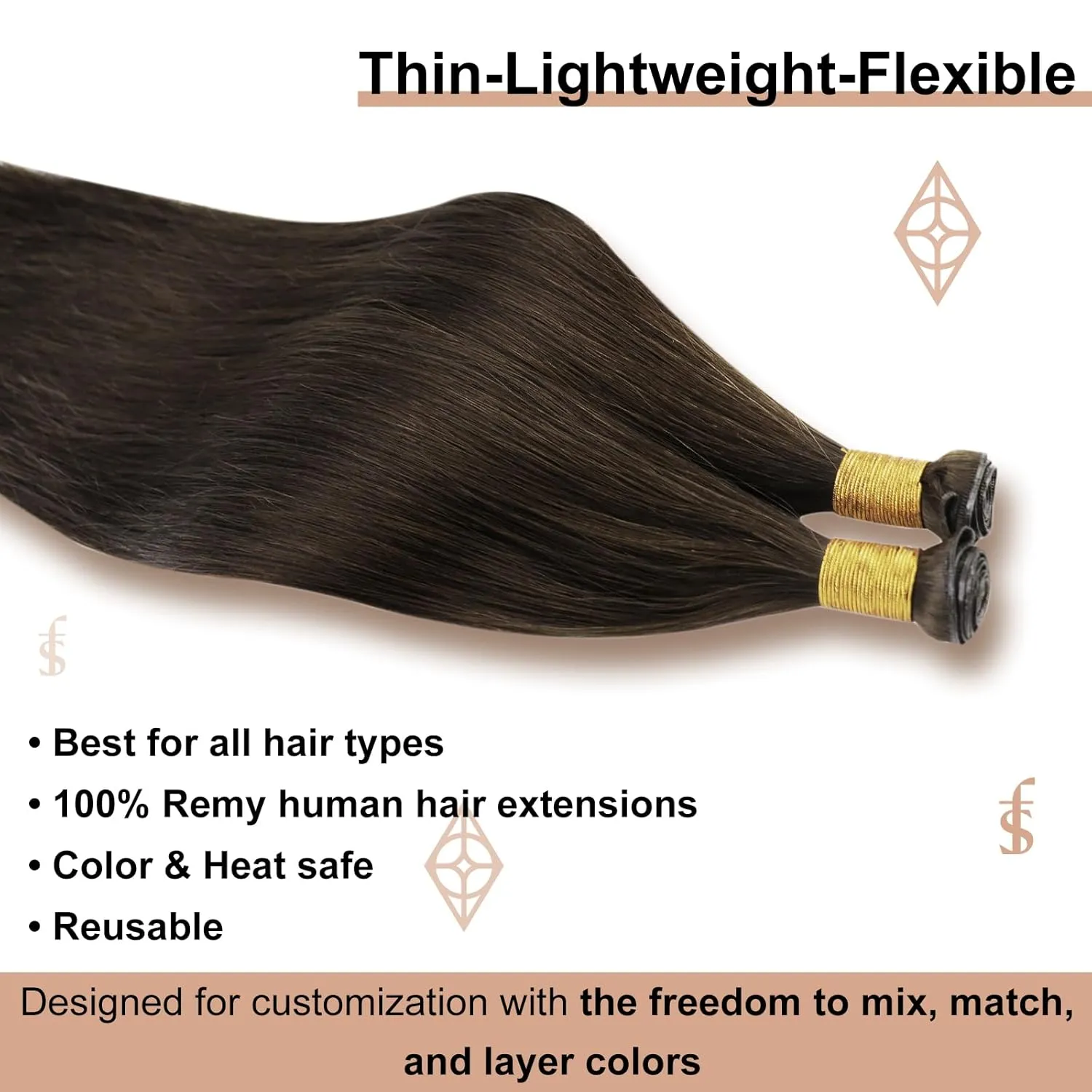 Full Shine Sew in Hand Tied Weft Hair Extensions Weft Extensions Human Hair Remy Human Hair Dark Brown Wefts Brazilian Hair For Women Invisible Weave Color #2 60 Gram 22 Inch