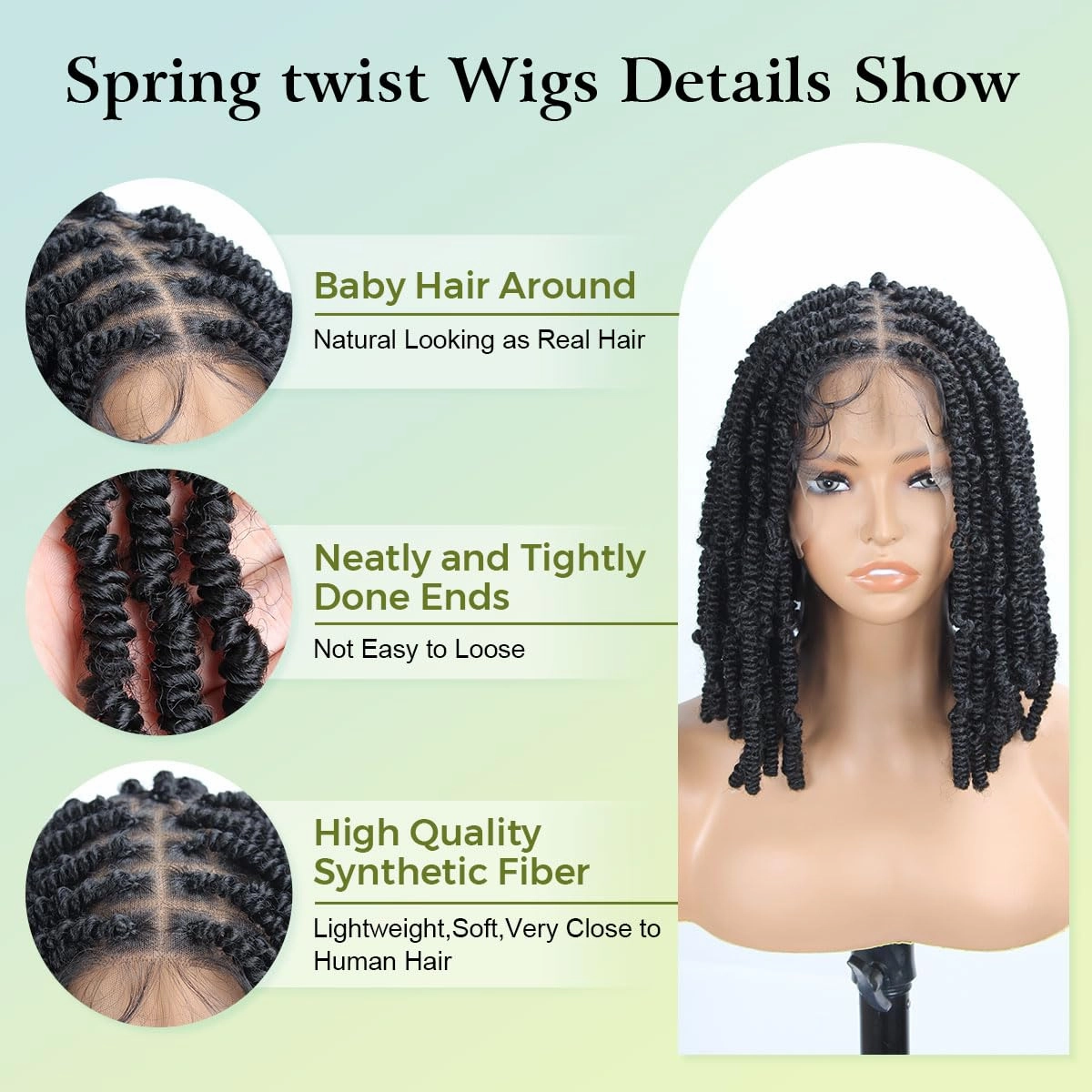 Full Lace Spring twist Wigs for Black Women, 12 inch Double Lace Twist Wigs,1B