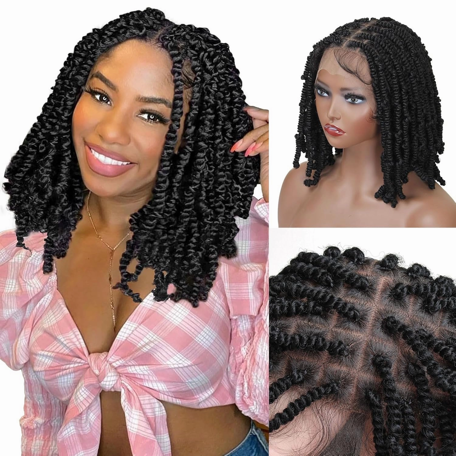 Full Lace Spring twist Wigs for Black Women, 12 inch Double Lace Twist Wigs,1B