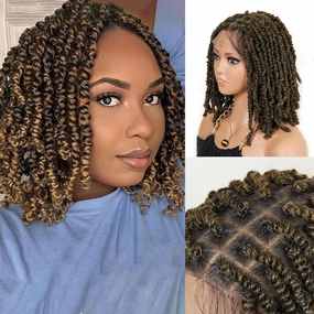 Full Lace Spring twist Wigs for Black Women, 12 inch Double Lace Twist Wigs,Ombre Brown