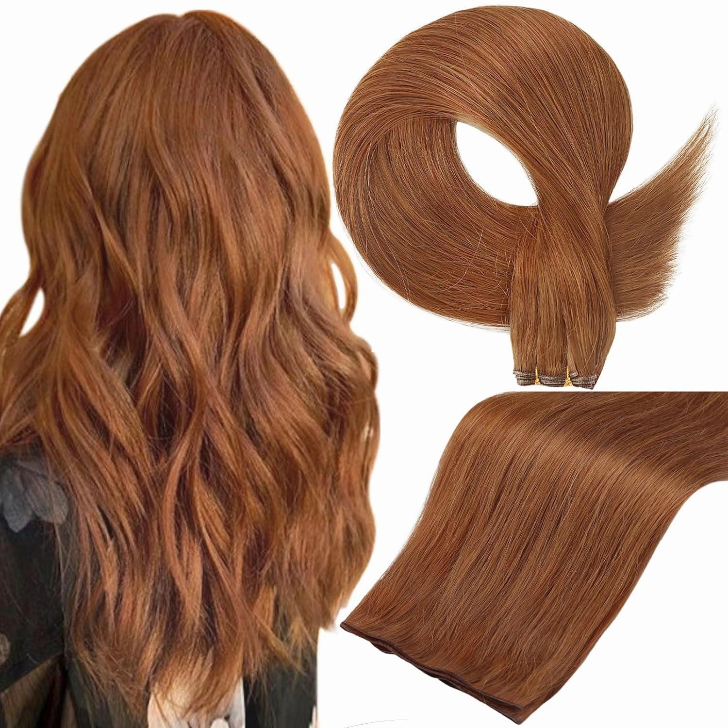 Full Shine Genius Weft Hair Extensions Color Copper Human Hair Extensions Sew In Hand Tied Weft Extensions Sew In Extensions Remy Straight Hair Weft Soft Silky Hair 24 Inch 60G